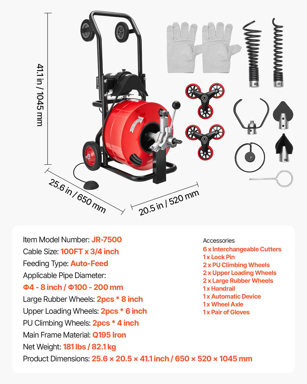 VEVOR 50FT x 1/2Inch Sewer Snake Machine, Drain Cleaning Machine on 4 Wheels, Electri Drain Auger with 4 Cutters & Foot Switch for 1''- 4'' Pipes