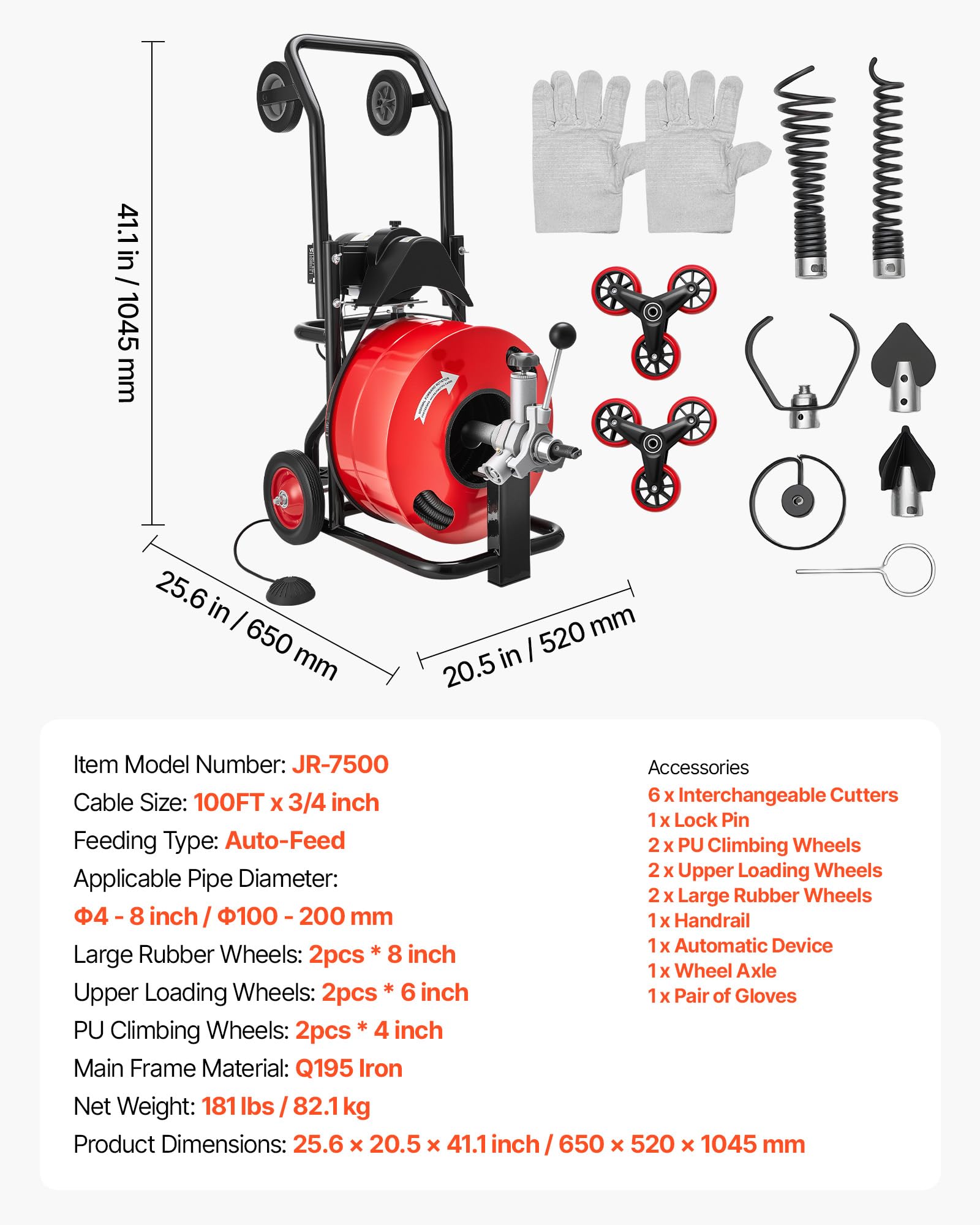 VEVOR 50FT x 1/2Inch Sewer Snake Machine, Drain Cleaning Machine on 4 Wheels, Electri Drain Auger with 4 Cutters & Foot Switch for 1''- 4'' Pipes