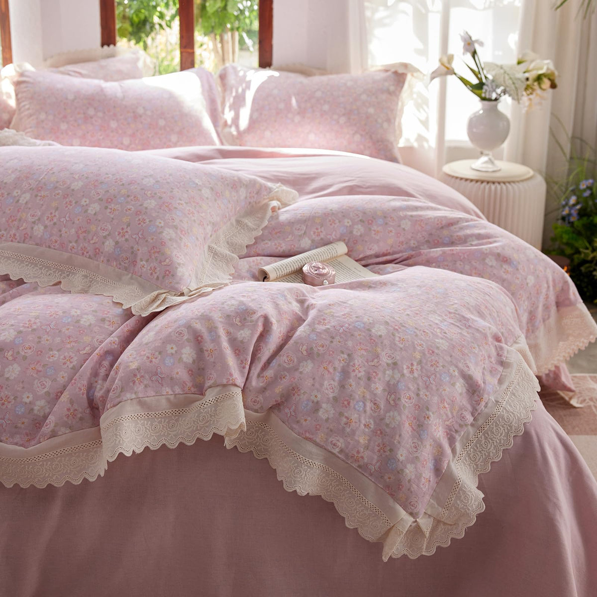 Pink Flower Duvet Cover Twin Chic Floral Print Ruffle Duvet Cover Cotton Lace Comforter Cover Country Style Floral Bedding Set Romantic Ruffle Comforter Cover Flower Bedding Cover with 2 Pillowcases