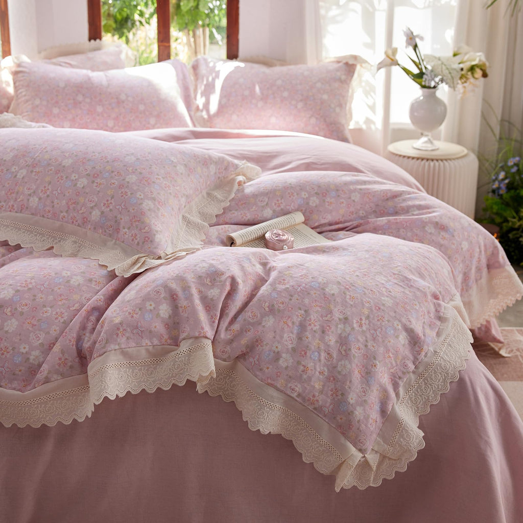 Pink Flower Duvet Cover Twin Chic Floral Print Ruffle Duvet Cover Cotton Lace Comforter Cover Country Style Floral Bedding Set Romantic Ruffle Comforter Cover Flower Bedding Cover with 2 Pillowcases