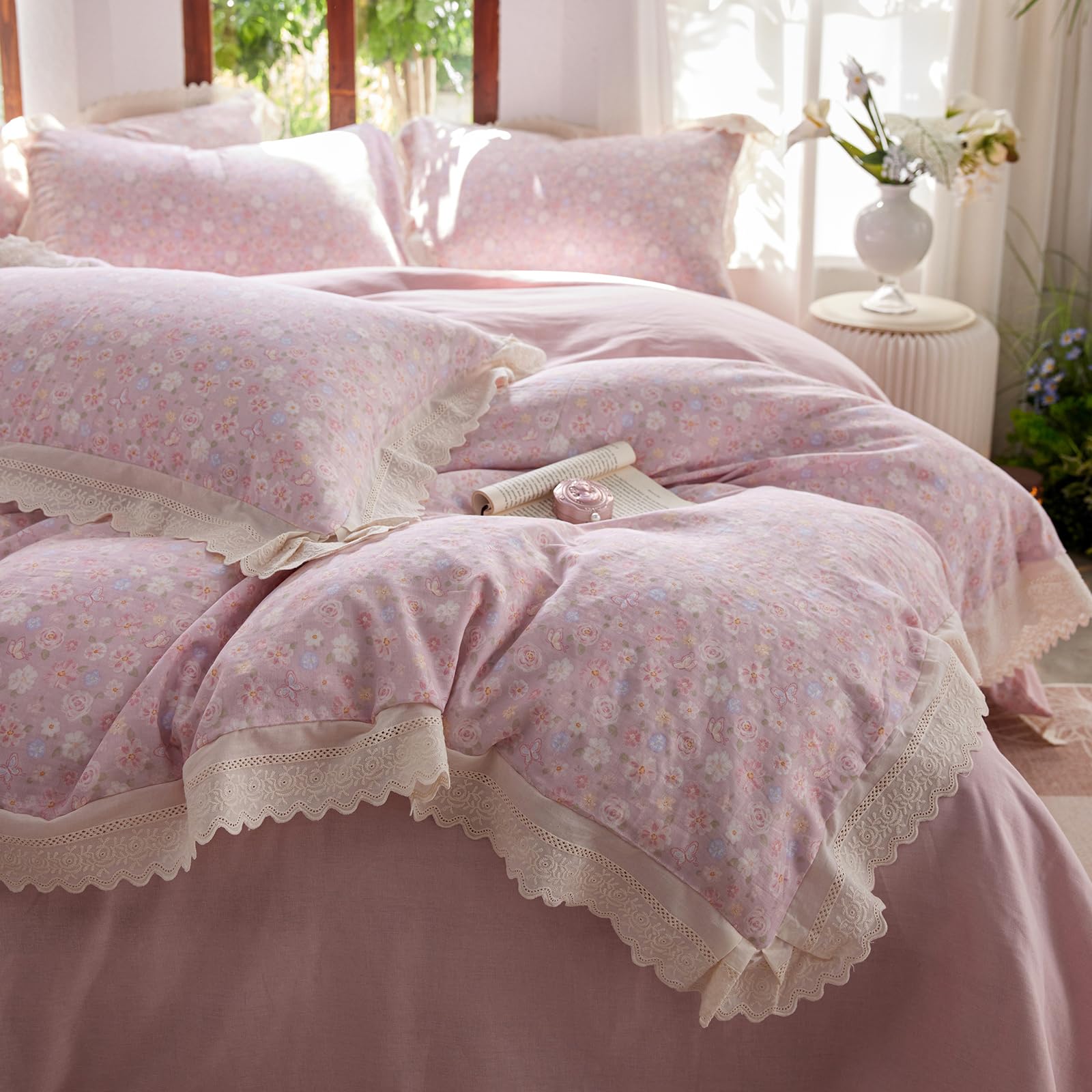 Pink Flower Duvet Cover Twin Chic Floral Print Ruffle Duvet Cover Cotton Lace Comforter Cover Country Style Floral Bedding Set Romantic Ruffle Comforter Cover Flower Bedding Cover with 2 Pillowcases