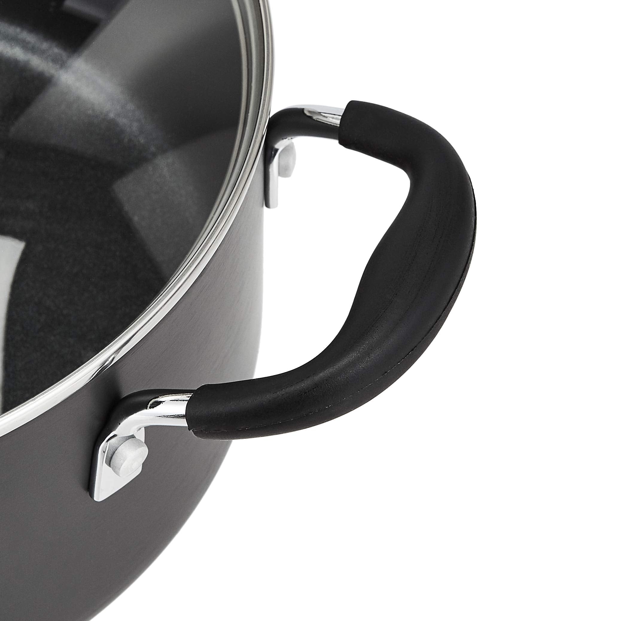 Amazon Basics Non-Stick Cookware Set, Pots and Pans with Lids, Hard Anodized Aluminum, Dishwasher Safe, Oven Safe, Black, 12-Piece