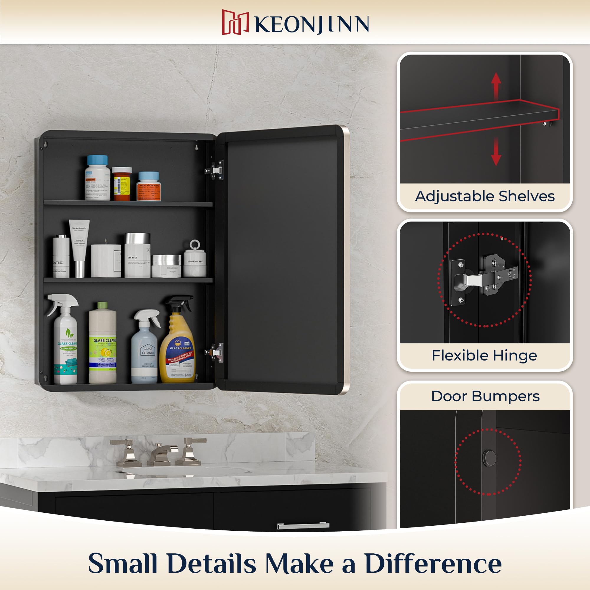 Keonjinn 15 x 36 Inch Black Slim Medicine Cabinets, Narrow Bathroom Side Medicine Cabinet with Mirror, Stainless Steel Framed, Adjustable Shelves, Recessed or Wall Mount, Modern Farmhouse