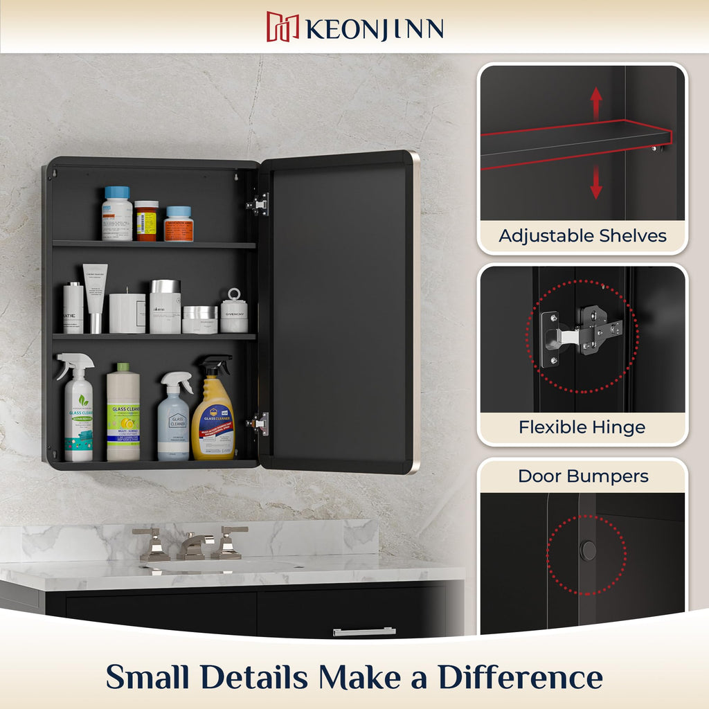 Keonjinn 15 x 36 Inch Black Slim Medicine Cabinets, Narrow Bathroom Side Medicine Cabinet with Mirror, Stainless Steel Framed, Adjustable Shelves, Recessed or Wall Mount, Modern Farmhouse