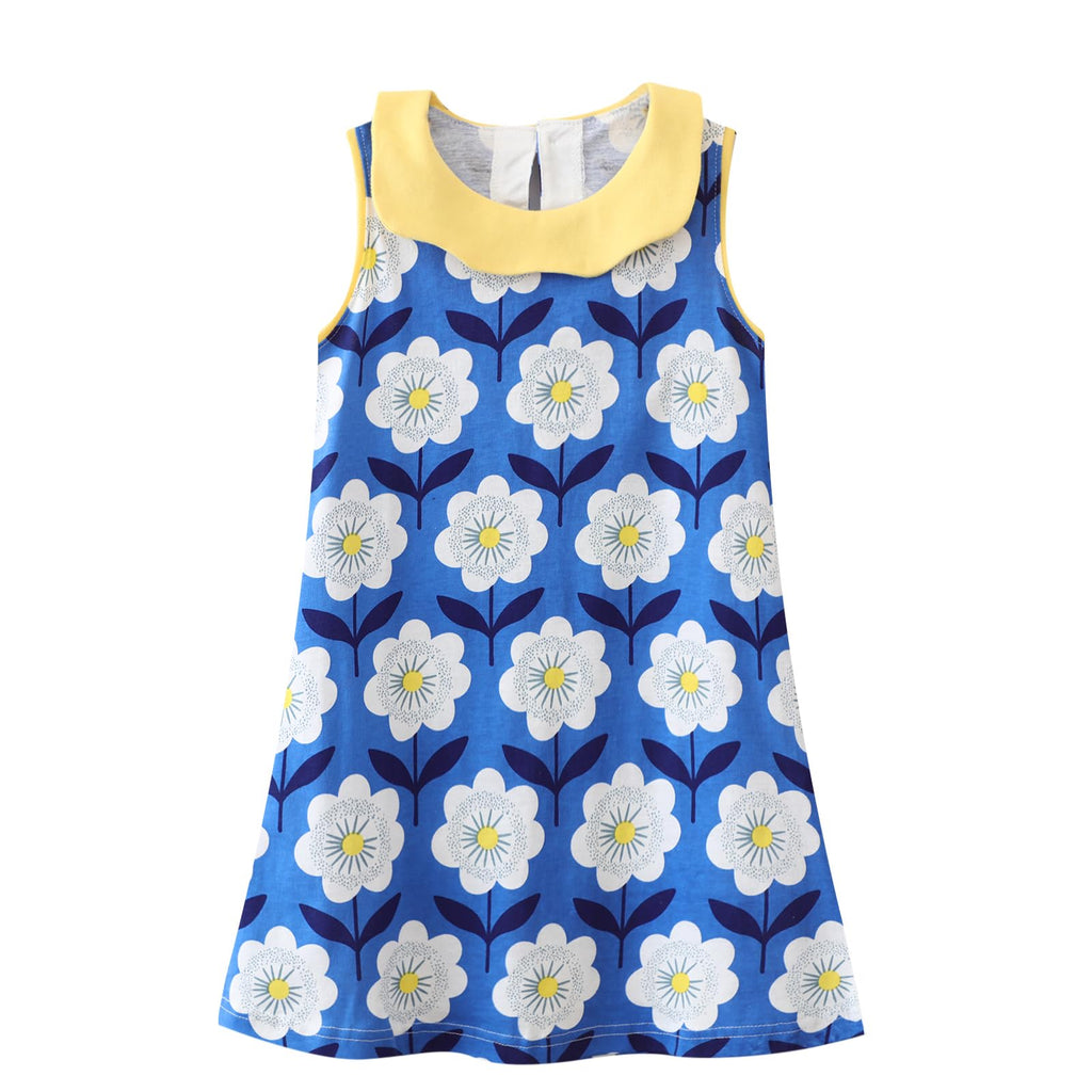 HILEELANG Little Girls Cotton Dress Sleeveless Casual Summer Sundress Flower Printed Jumper Skirt