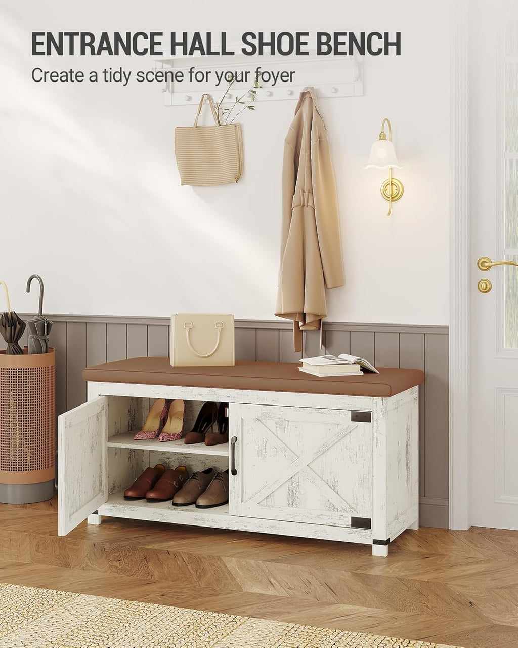 Hzuaneri Shoe Storage Bench, 2 Tier Shoe Bench with Padded Seat Cushion & 2 Barn Doors, Entryway Bench with Adjustable Shelf, Farmhouse Shoe Cabinet for Living Room, Bedroom, Antique White SB26214KA