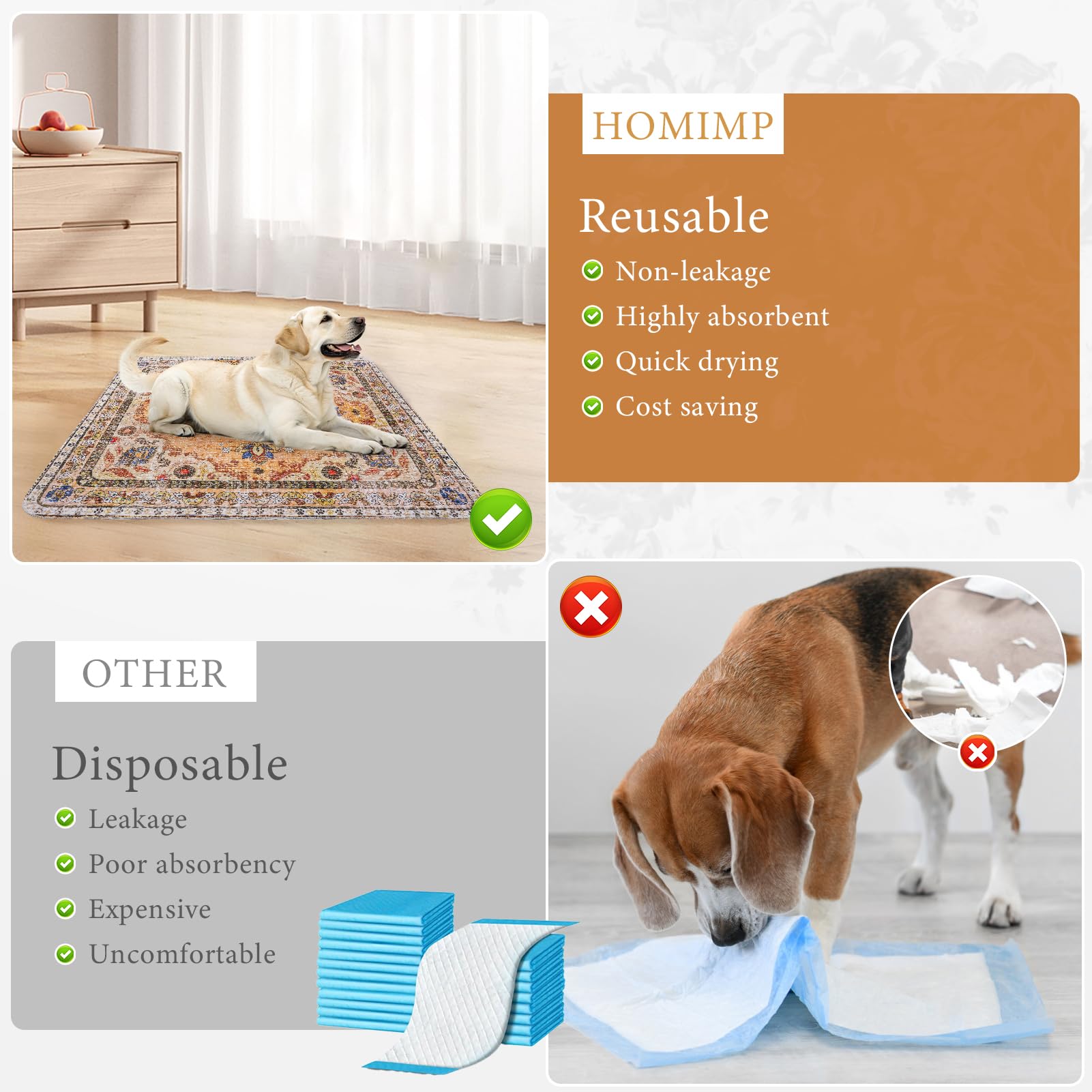 Homimp Washable Pee Pads for Dogs, 2 Pack Reusable Puppy Pads Waterproof, Absorbent and Leakproof Dog Pee Pads, Non Slip Puppy Training Pads, Pet Mat for Floor,Crate,Couch,Whelping,Beige 36"x36"