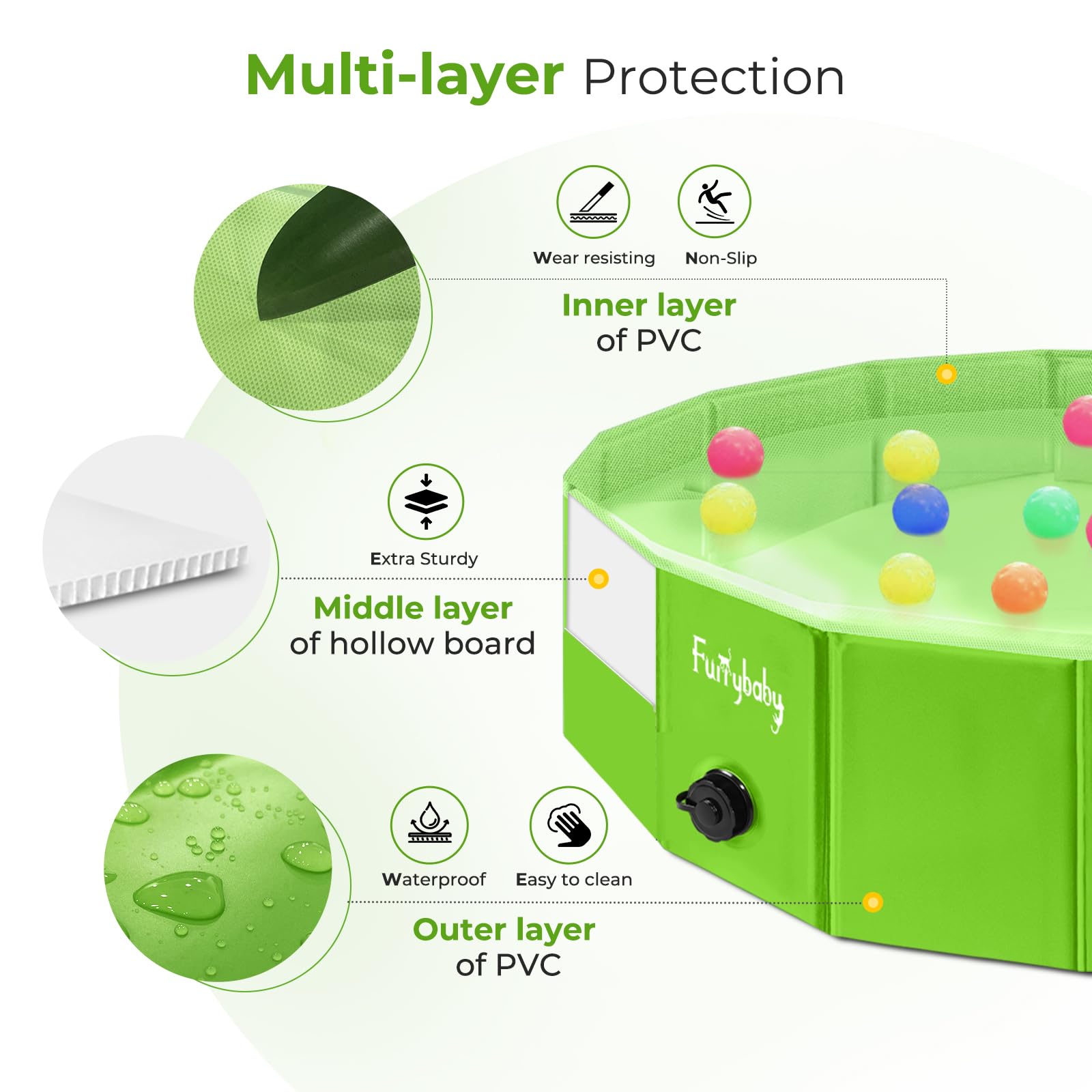 Foldable Dog Pool, Hard Plastic Kiddie Pool for Dogs, Collapsible Dog Pool with Rigid PP Core, Non-Slip PVC, Durable Pet Bath Tub for Indoor/Outdoor Backyard, 32" Green