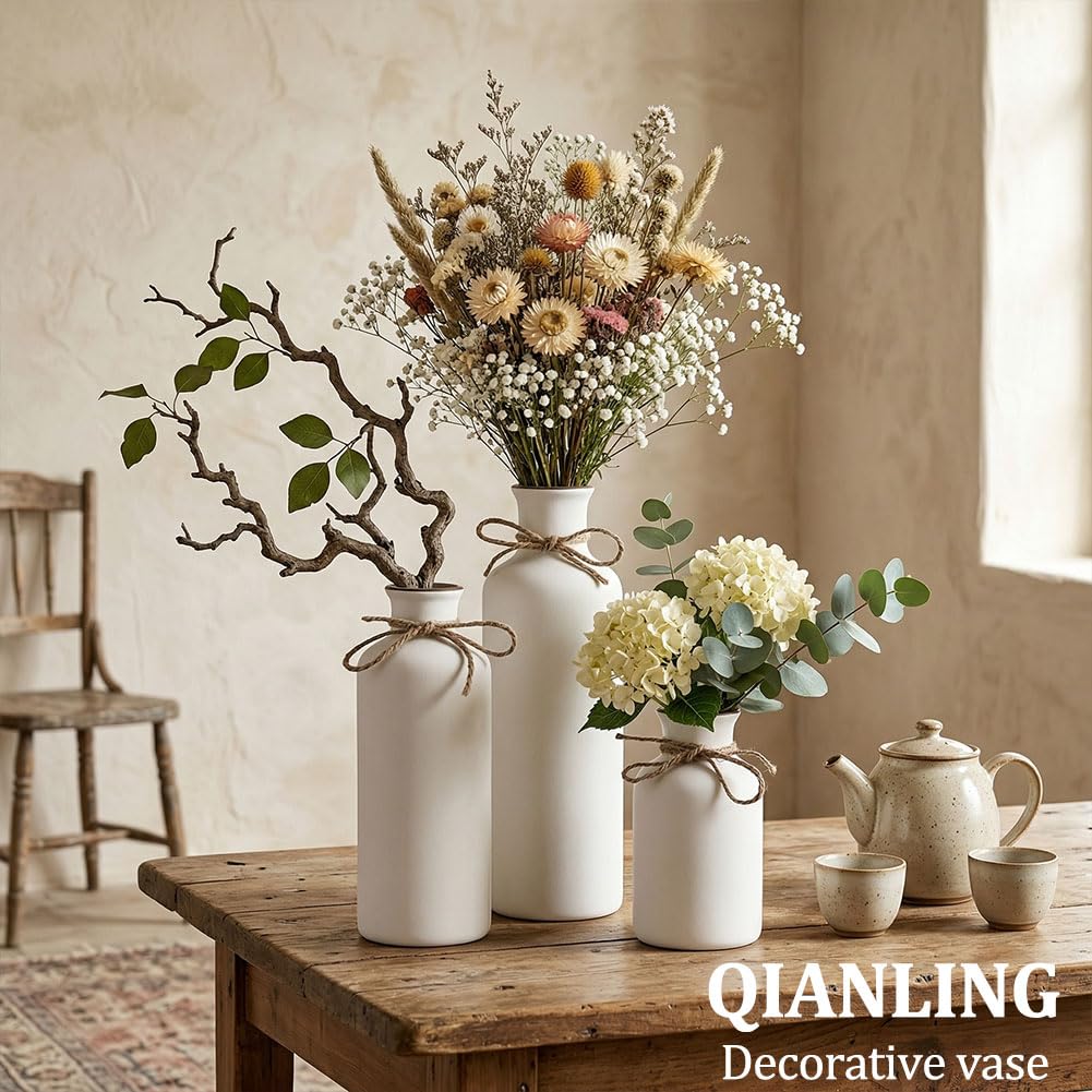 Ceramic Vase Set - 3 Ceramic Small Vases, Farmhouse Country Flower Vase Home Decor, Living Room Decoration, Table Decoration, Fireplace Decor, and Entrance Decorations Centerpieces