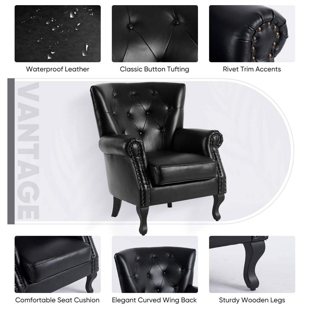 MOJAY PU Leather Accent Chair, Mid-Century Modern Armchair Living Room Club Chair with Tufted Button & Rivet Trim, Upholstered Sofa Chair with Sturdy Wood Legs for Bedroom (Black)
