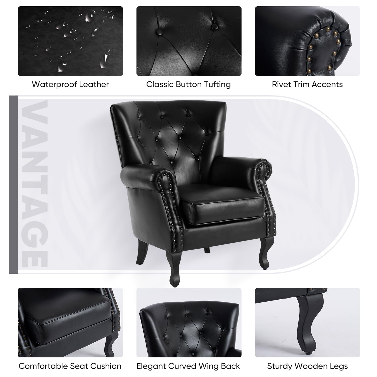 MOJAY PU Leather Accent Chair, Mid-Century Modern Armchair Living Room Club Chair with Tufted Button & Rivet Trim, Upholstered Sofa Chair with Sturdy Wood Legs for Bedroom (Black)