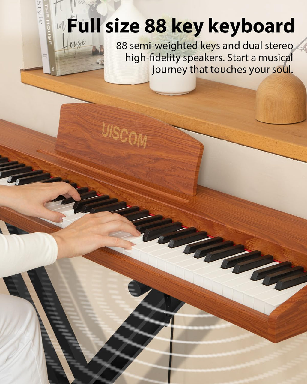 UISCOM Digital Piano Keyboard for Beginners, Full Size 88 Key Semi-Weighted Keyboard Electric Piano with Stand,Power Adapter,Sheet Music Stand,Pedal,Headphone,USB-MIDI Compatible,Wood Grain Apricot