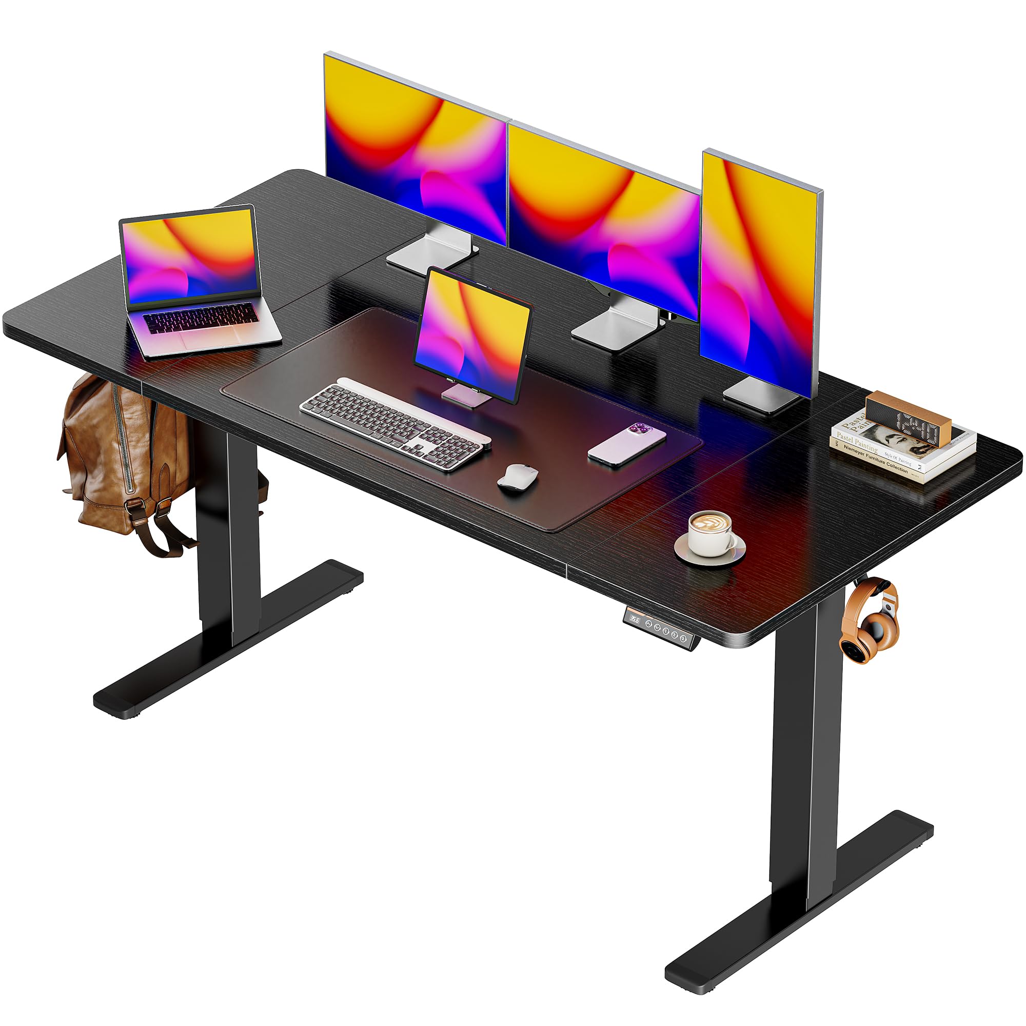 Huuger 48 x 28 Large Electric Standing Desk, Height Adjustable Desk, 27.6" Deep Desktop, Stand up Gaming, 2 Hooks, 3 Preset Heights, for Home Office, Black