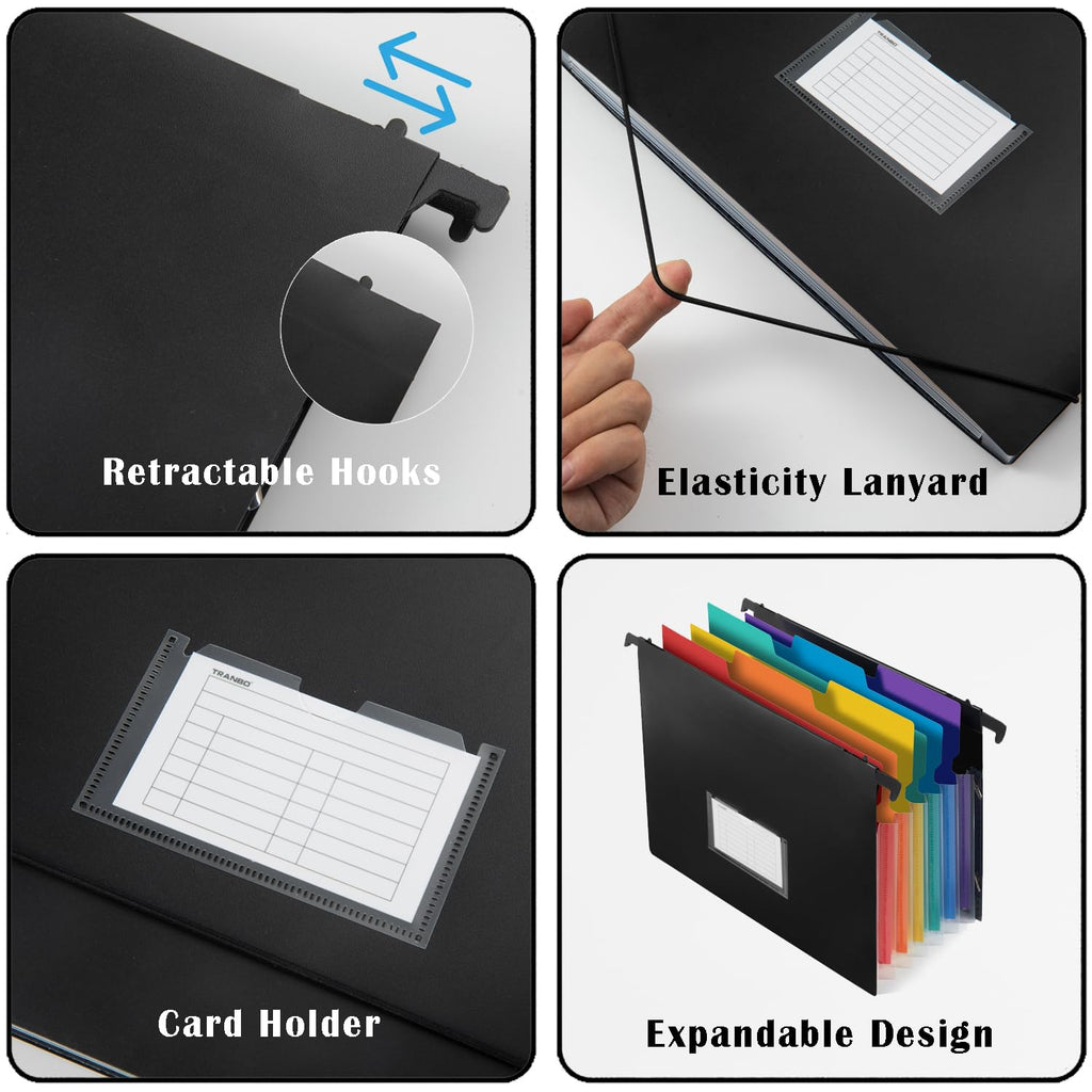 7-Pockets Hanging File Folder with Retractable Hooks for Filing Cabinet, 2 in 1 Expandable Accordion File Organizer with Elastic Band for File Frame or On-The-Go Use (1 Pcs)