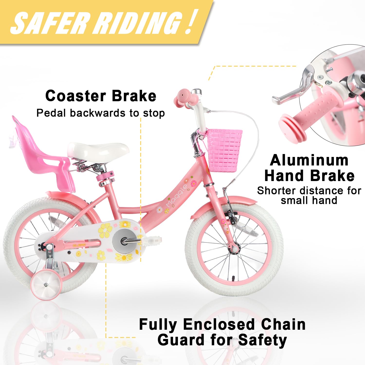 Glerc Maggie Girls Bike, 12-20 Inch Kids Bike for 2-13 Years Old Children, Princess Style Kids Bicycle with Doll-Seat & Basket & Training Wheels, Multiple Colors