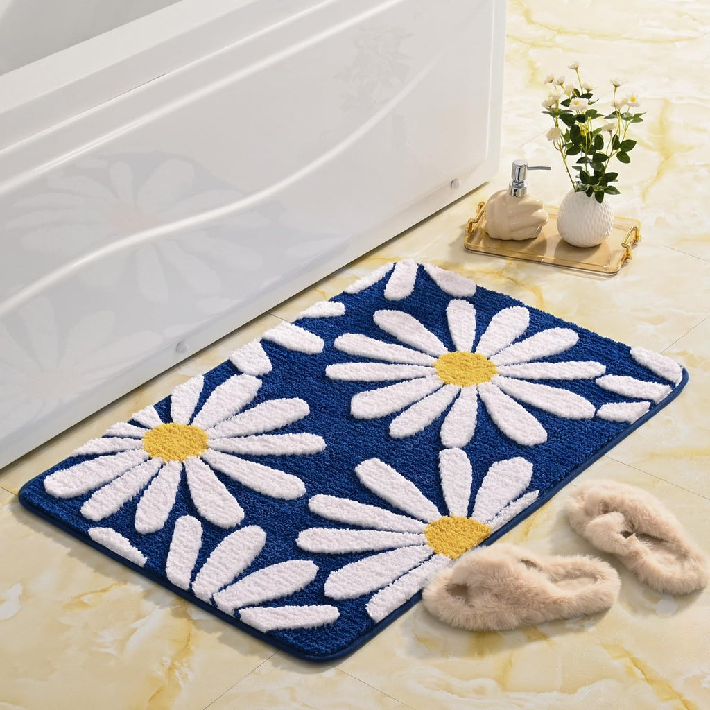QJHOMO Beige Bathroom Rugs Cute Daisy Bath Mat White and Yellow Flower Decor Rug Non Slip Floor Carpet Microfiber Bathmat Super Absorbent Machine Washable Bathtub Mats for Shower (16x24 inch)