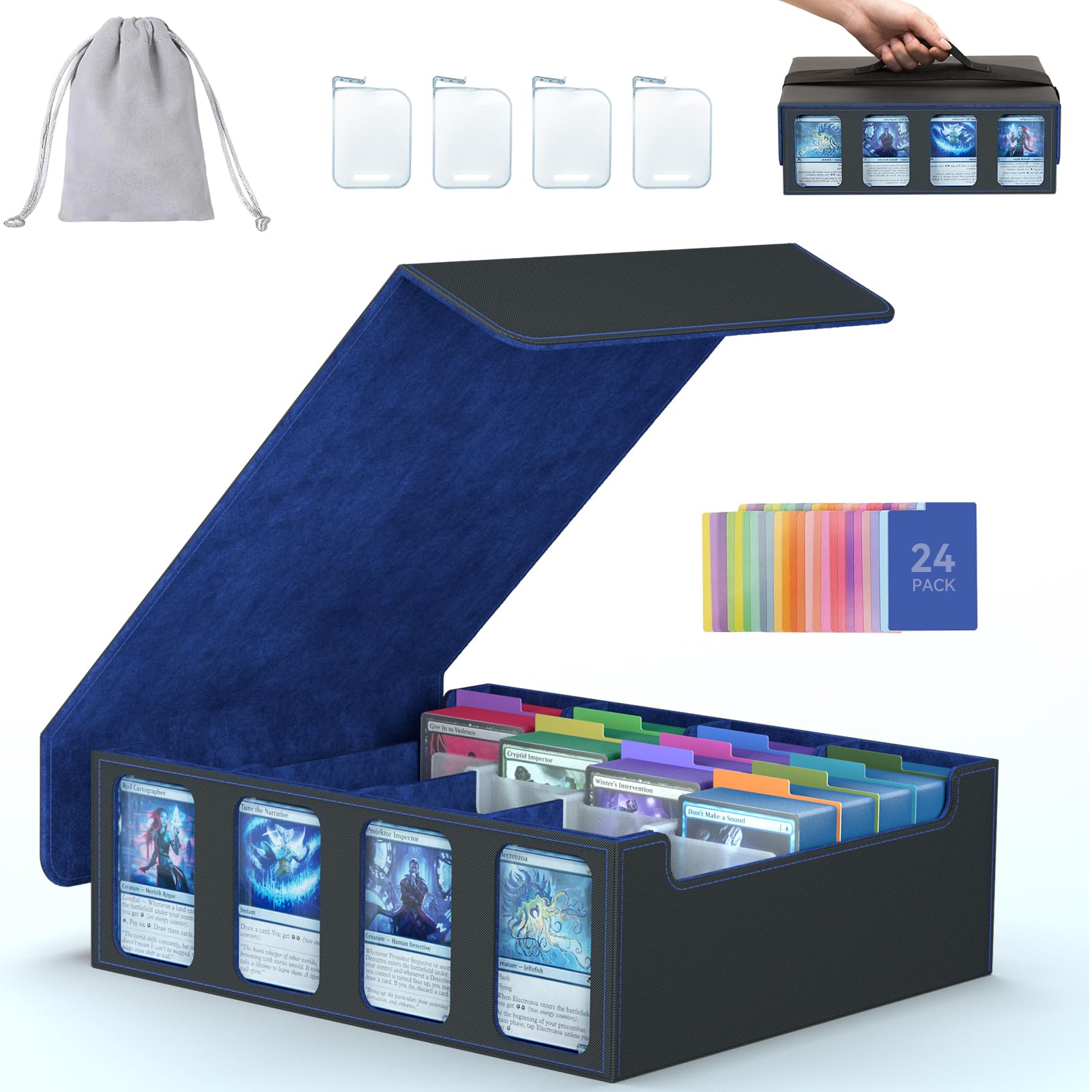 3-Row Trading Card Storage Box, Bulk Cards Case for 2400+ Mtg tcg Magic Playing Game Card Organizer, Commander Deck Box with 3 Supports & 24 Dividers