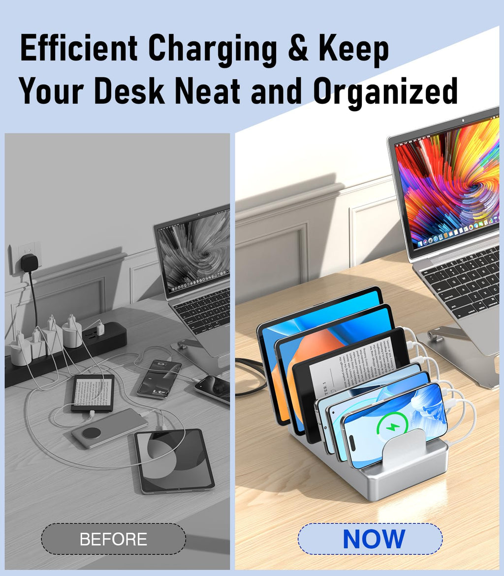 CREATIVE DESIGN 50W 6 Ports Multi Charger Station with 6 Charging Cables, USB Charging Dock for Multiple Devices, Compatible with Cellphone iPad Kindle Tablet and Other Electronic Devices
