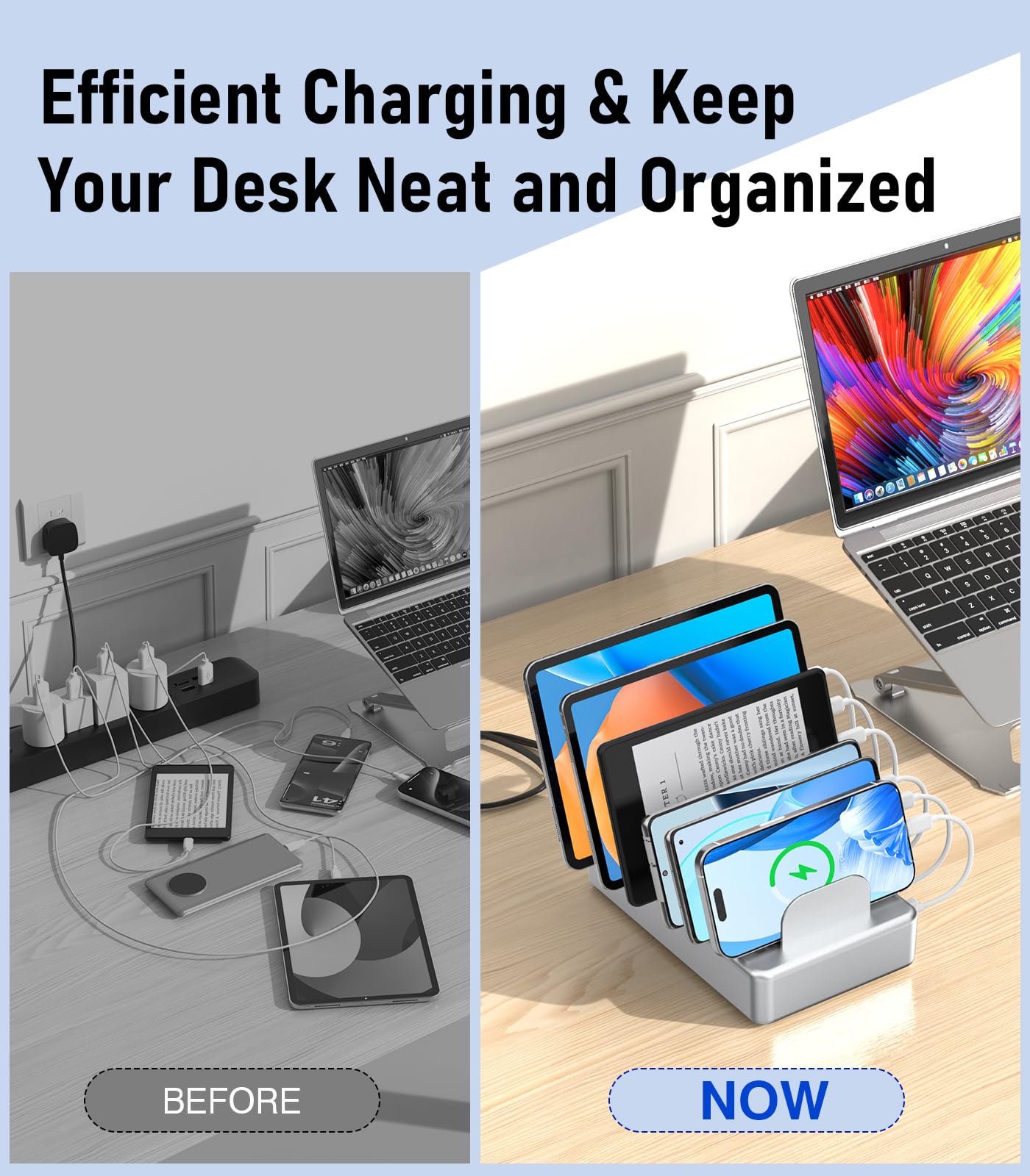 CREATIVE DESIGN 50W 6 Ports Multi Charger Station with 6 Charging Cables, USB Charging Dock for Multiple Devices, Compatible with Cellphone iPad Kindle Tablet and Other Electronic Devices