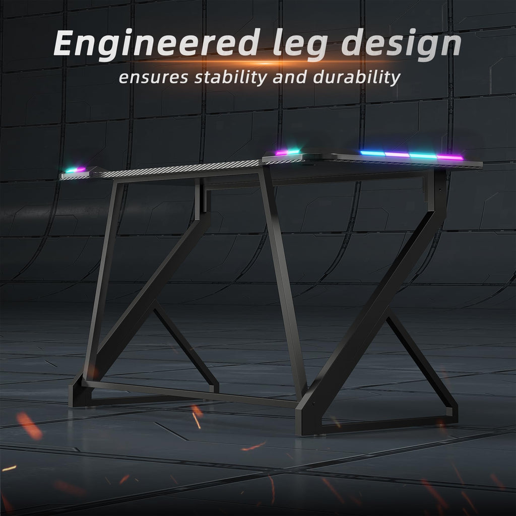 TIQLAB Gaming Desk with LED Lights, 40 Inch Computer Desk Z Shaped Gamer Workstation, Gaming Table with Carbon Fiber Surface, PC Gamer Desk, Black