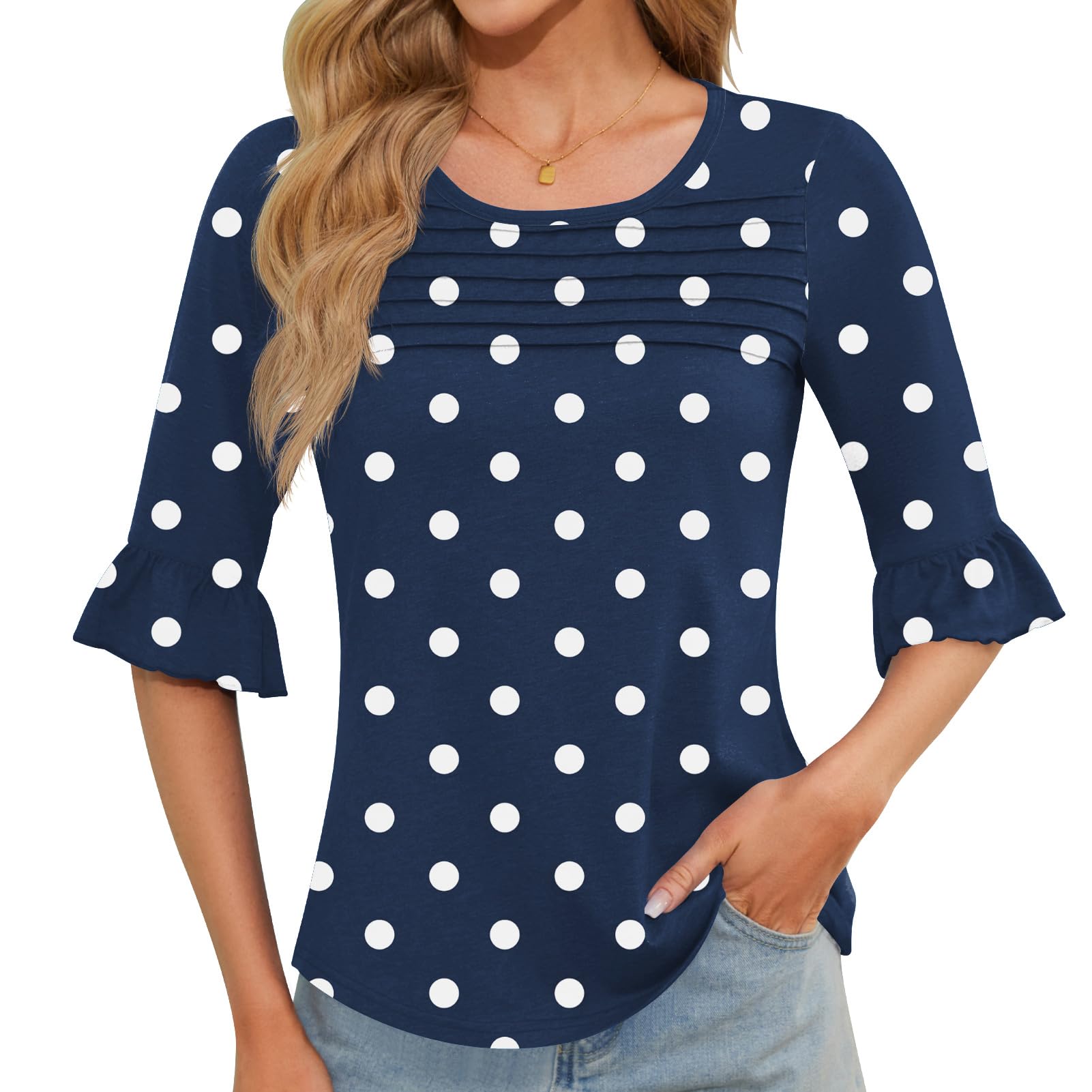 Blingfit Womens Tops 3/4 Length Sleeve Dressy Casual Shirts Bell Sleeve Front Pleated Fasion Trendy Summer Blouses 2026