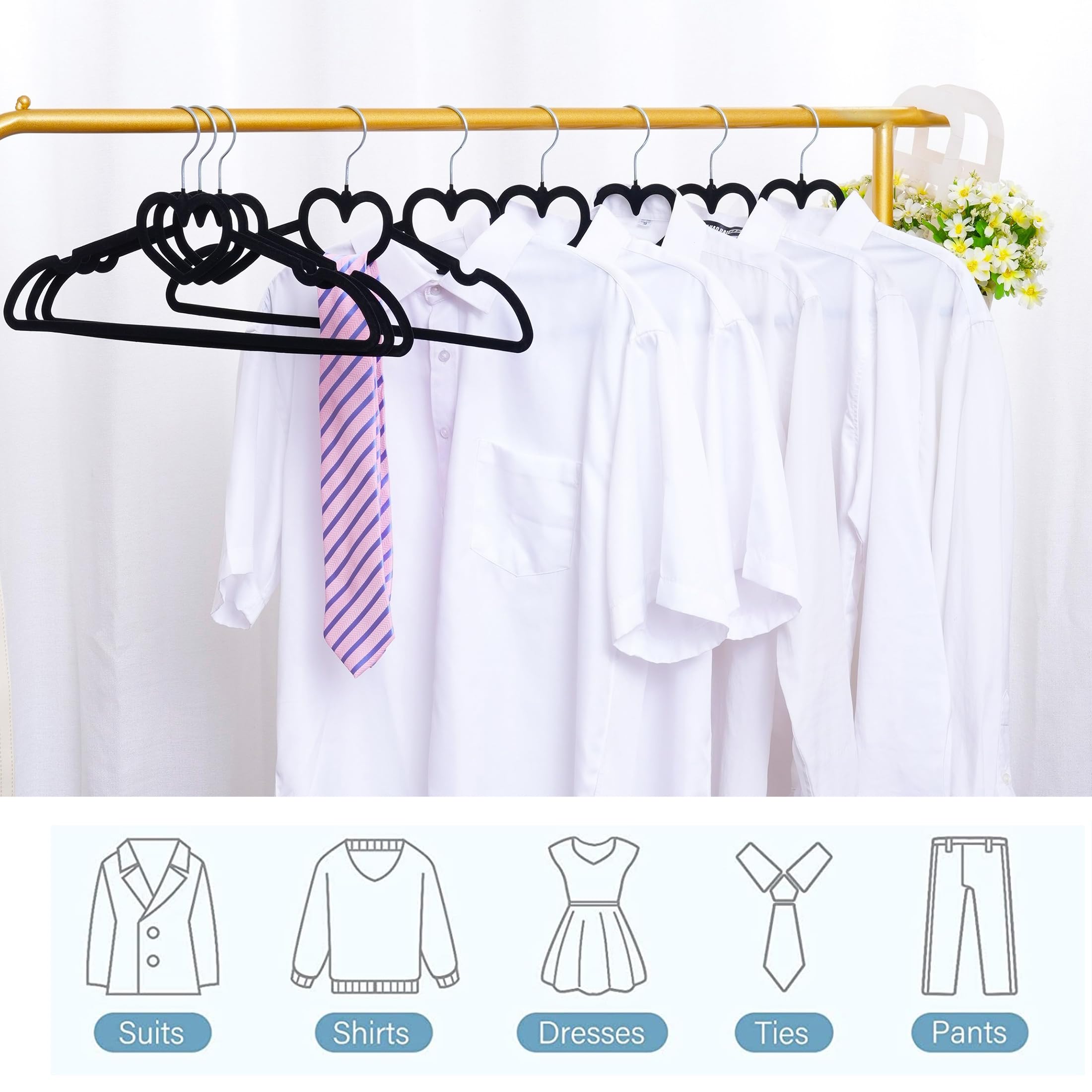 Velvet Hangers 20 Pack,16 Inch Non Slip Adult Heart Hanger (Black) | 360° Swivel Hooks, Cascade Design, Space Saving