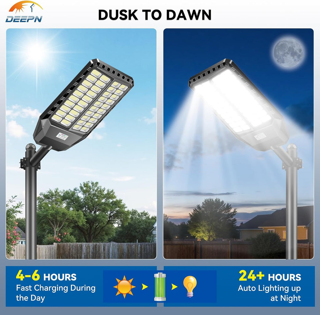 Deepn 9000W Solar Street Light, Bright LED Security Solar Flood Light with Motion Sensor & Dusk to Dawn, IP67 Waterproof Commercial Lights Outdoor for Outside, Parking Lot, Street, Yard (2)