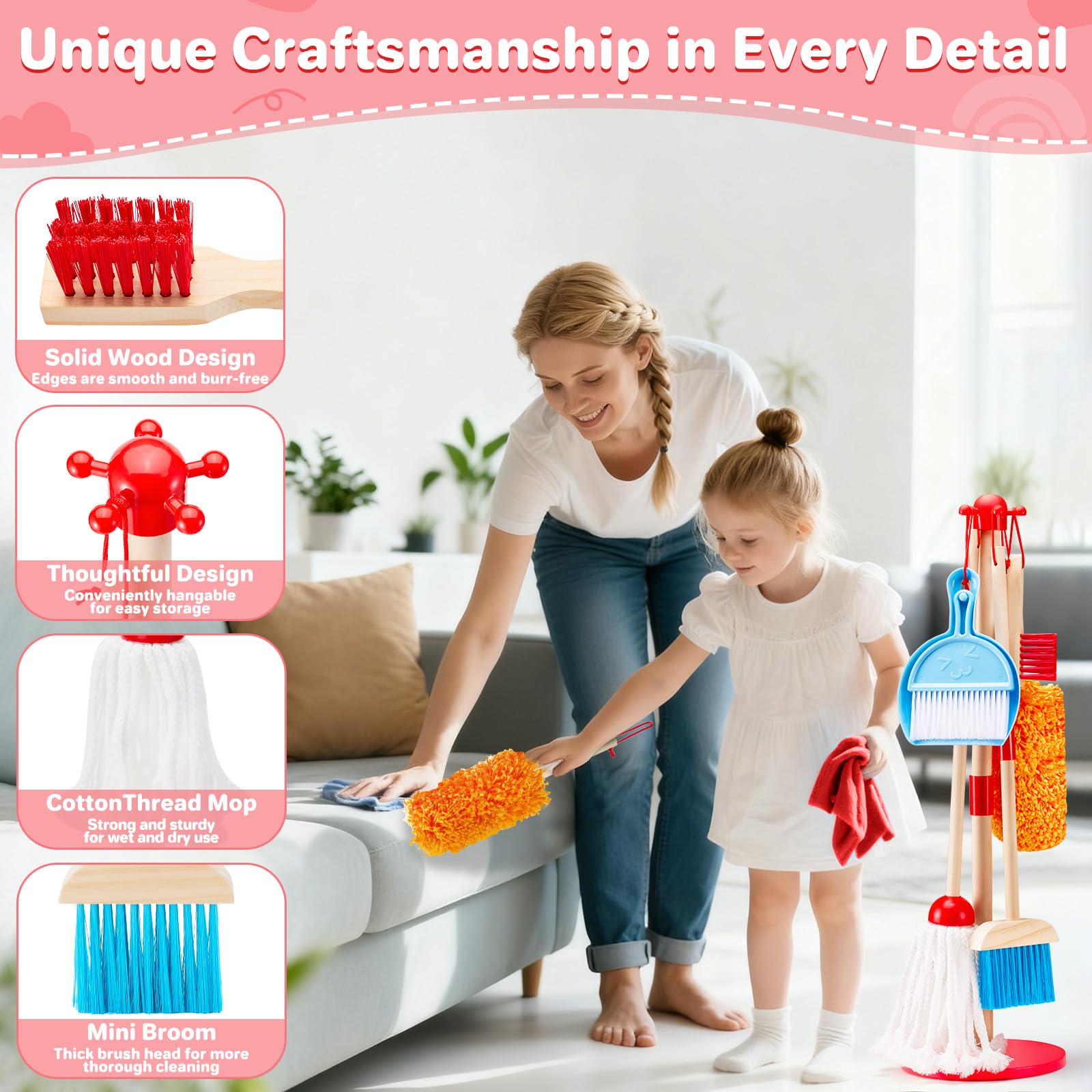 WHOHOLL Wooden Kids Cleaning Toy Set Toddler Broom and Dustpan Set for Housekeeping 9 Pcs Broom and Mop Set for Toddlers 3-6, Cleaning Toys with Sponge, Christmas Birthday Gifts for Boys Girls