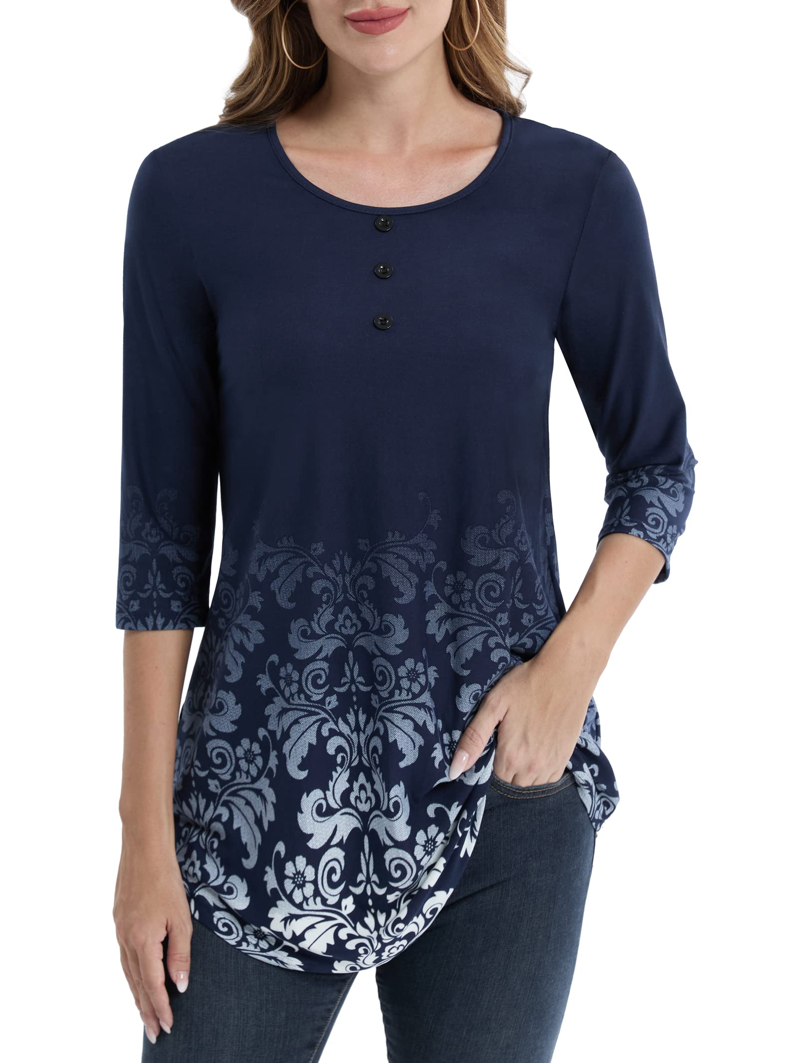 BAISHENGGT Womens Tops 3/4 Sleeve Round Neck Casual Tunic Tops Fall Fashion 2025 Dressy Casual Blouses