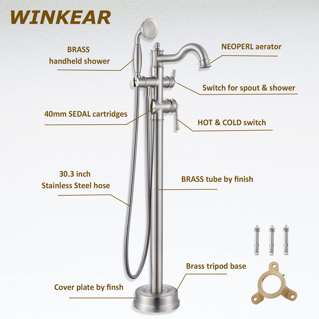 Freestanding Floor Mount Tub Filler with Handheld Shower Roman Bathtub Faucet by Brushed Gold Finish, Swivel Spout with Brass Rough-in and Water Hose