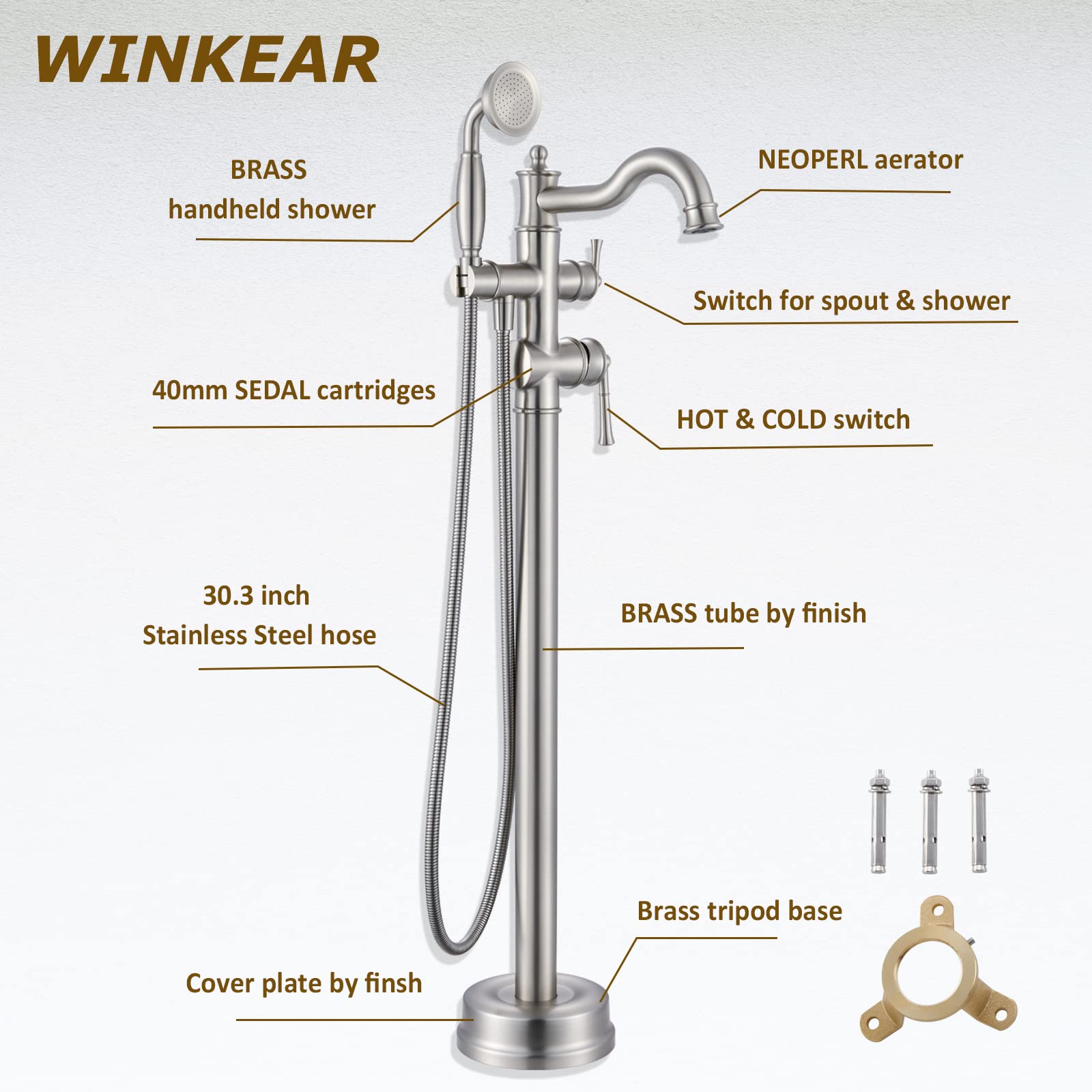 Freestanding Floor Mount Tub Filler with Handheld Shower Roman Bathtub Faucet by Brushed Gold Finish, Swivel Spout with Brass Rough-in and Water Hose
