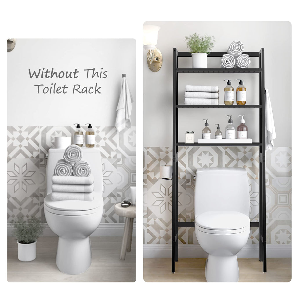 MallKing Over The Toilet Bathroom Organizer, Wooden 3-Tier Over-The-Toilet Storage Rack Bathroom Space Saver Organizer, Freestanding Above Toilet with Toilet Paper Holder and Hooks (Black)