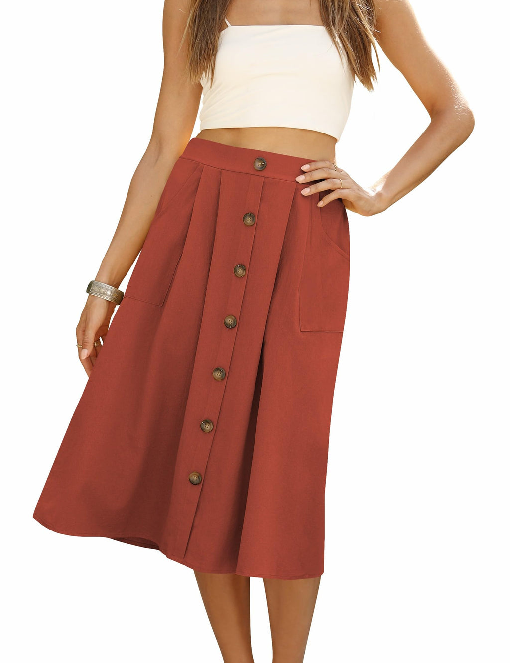 Naggoo Womens Summer Skirts Casual Front Button A-Line High Waisted Midi Skirt with Pockets