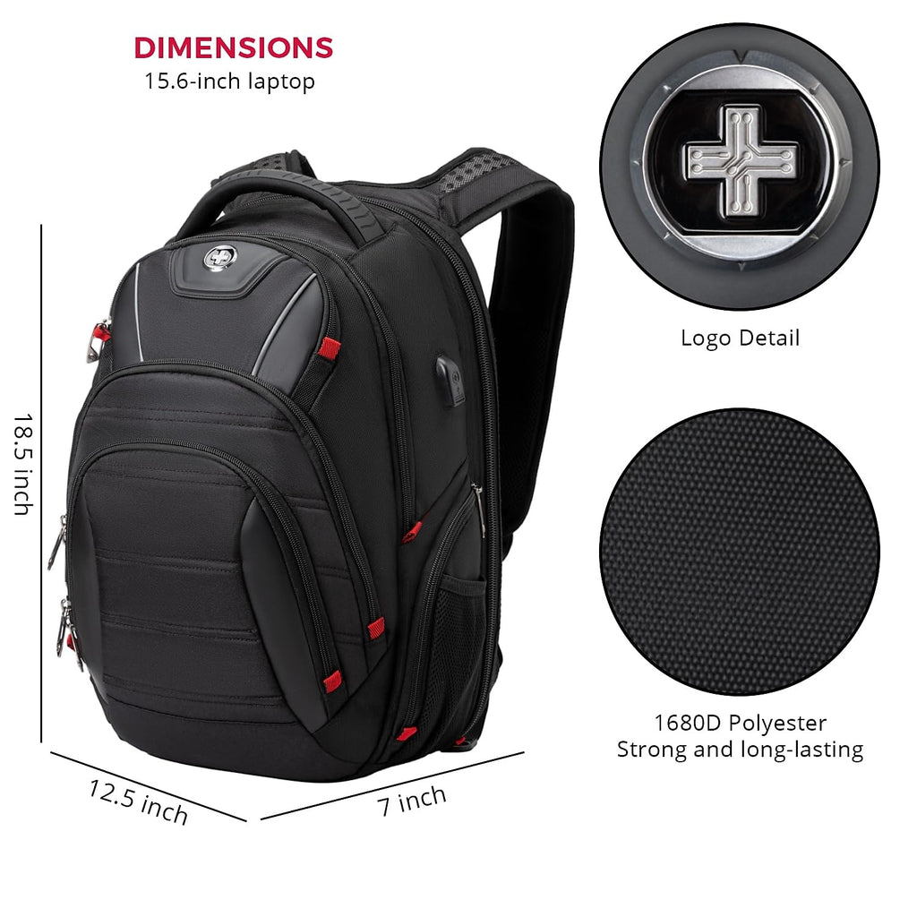 Swissdigital Design Travel Backpack for Women or Men, TSA Friendly USB Charging RFID Protection Business Carry on Bag Fits 15.6" Laptop Backpack Black | J14-BR