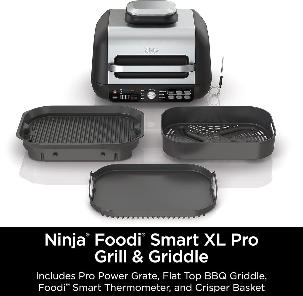 Ninja IG651 Foodi Smart XL Pro 7-in-1 Indoor Grill/Griddle Combo, use Opened or Closed, Air Fry, Dehydrate & More, Pro Power Grate, Flat Top, Crisper, Smart Thermometer, Black