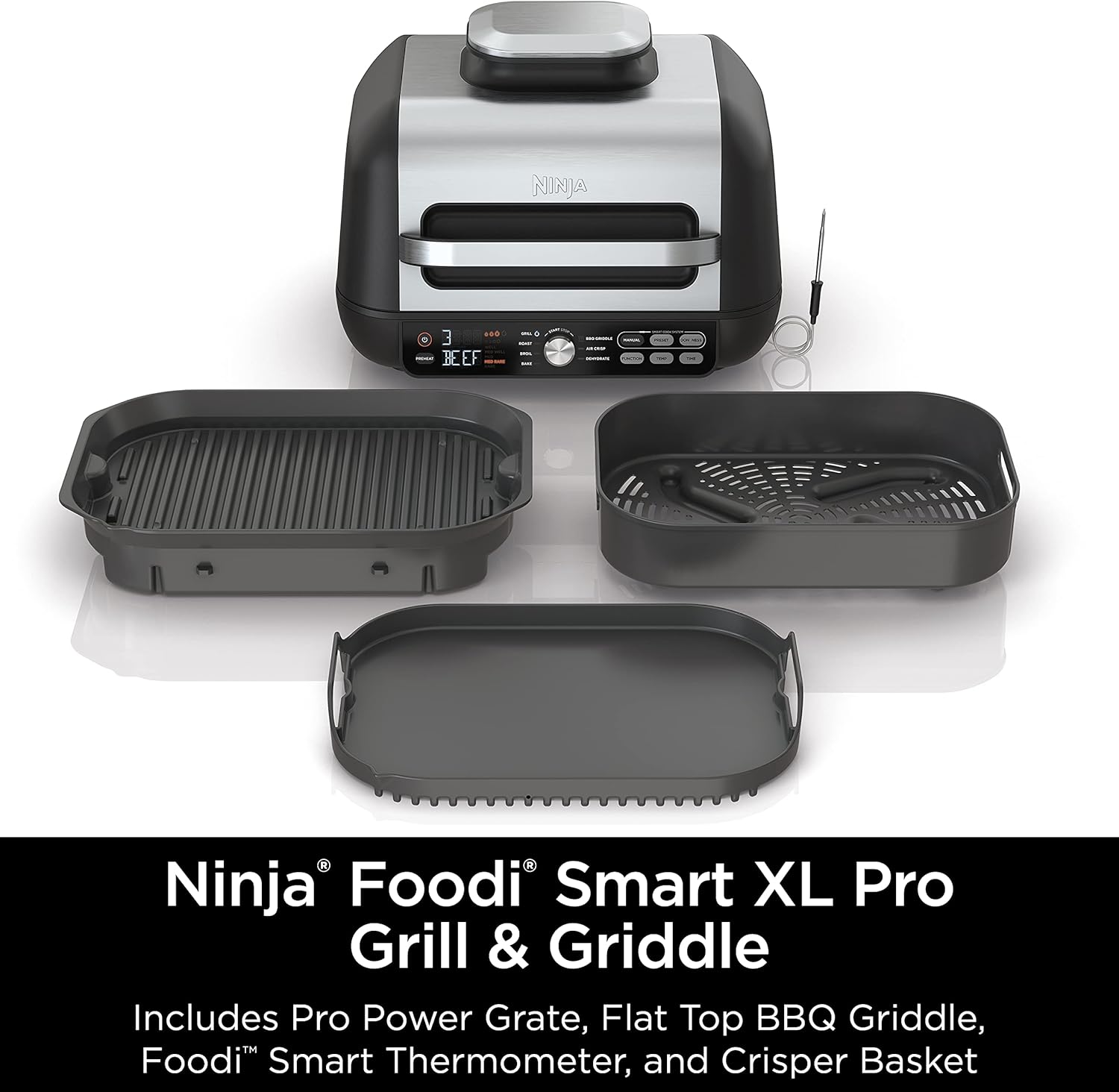 Ninja IG651 Foodi Smart XL Pro 7-in-1 Indoor Grill/Griddle Combo, use Opened or Closed, Air Fry, Dehydrate & More, Pro Power Grate, Flat Top, Crisper, Smart Thermometer, Black