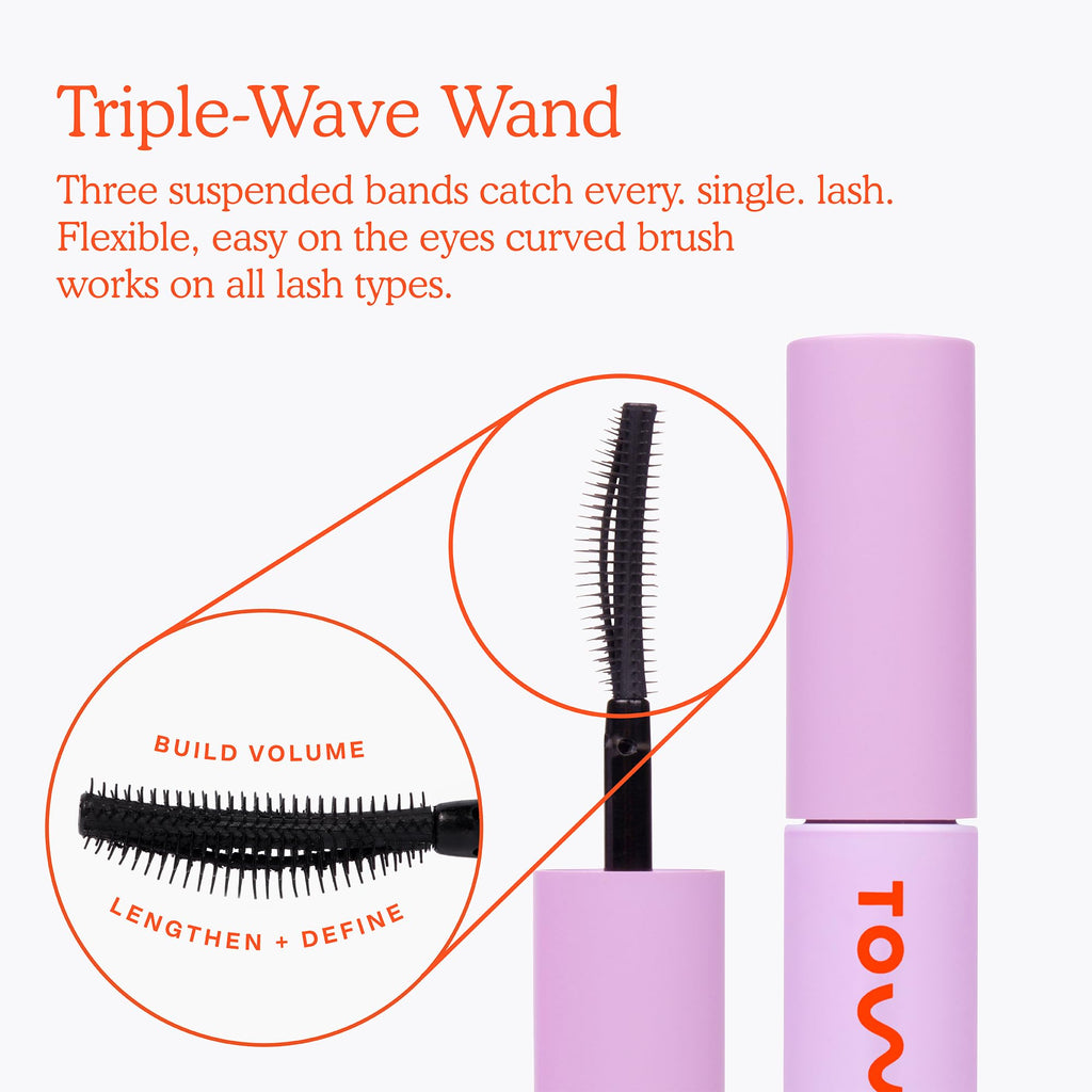 Tower 28 MakeWaves Vegan Black Mascara - Volumizing & Lengthening Mascara for Sensitive Eyes - With Aquaflex Technology for Humidity-Proof Lift - Hypoallergenic Eye Makeup - Jet (0.29 oz)