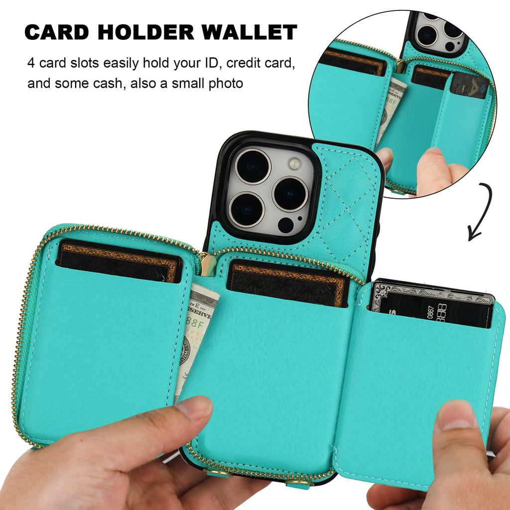 Bocasal Crossbody Wallet Case for iPhone 16 Pro, RFID Blocking PU Leather Zipper Handbag Purse Flip Cover, Kickstand Folio Case with Card Slots Holder Wrist Strap Lanyard 5G 6.3 Inch (Black)