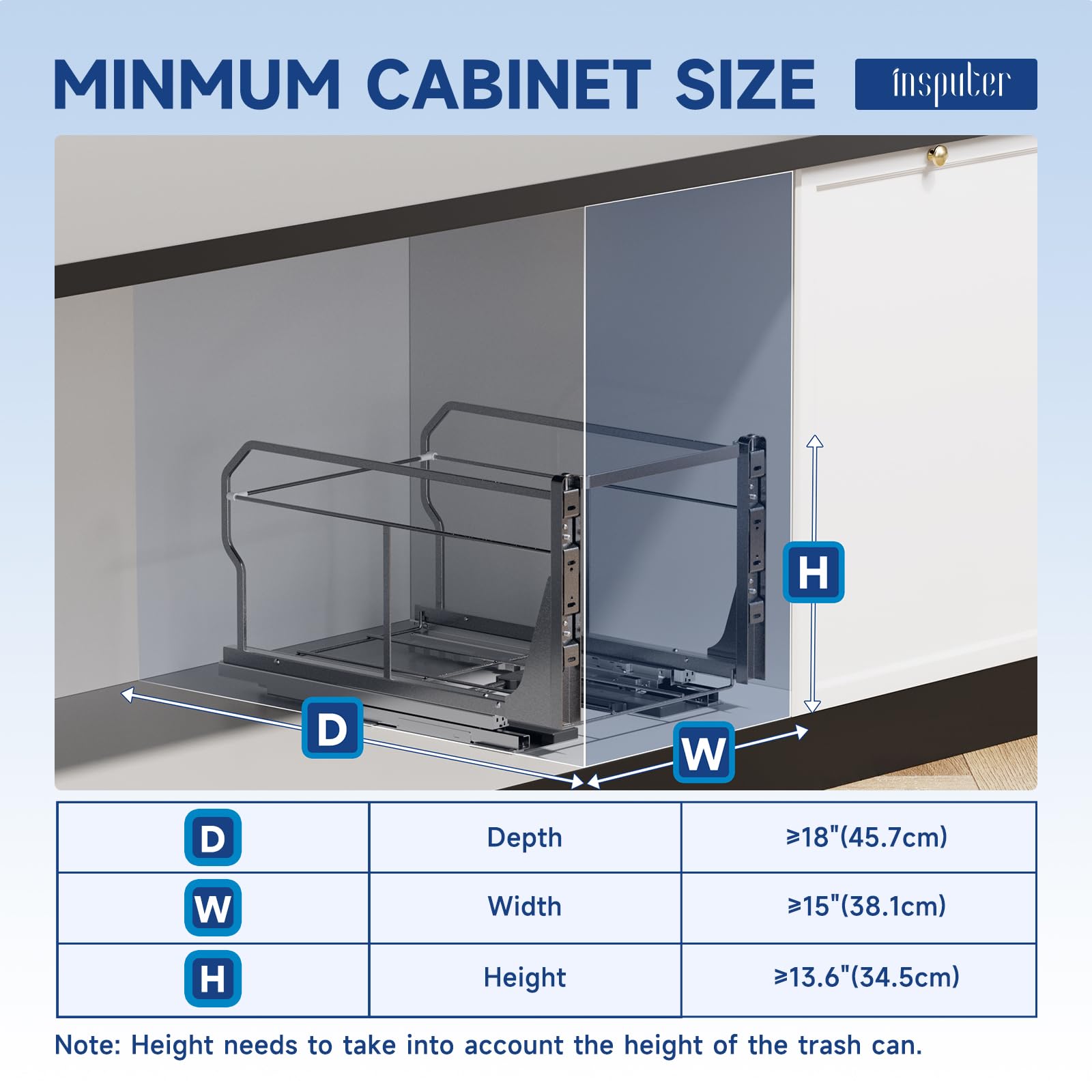Insputer Pull Out Trash Can Under Cabinet with Push to Open Slides, Heavy Duty Under Sink Garbage Can Kit for Kitchen, Laundry, Not Included Bin, Requires 15" W X 18" D Cabinet (Grey)