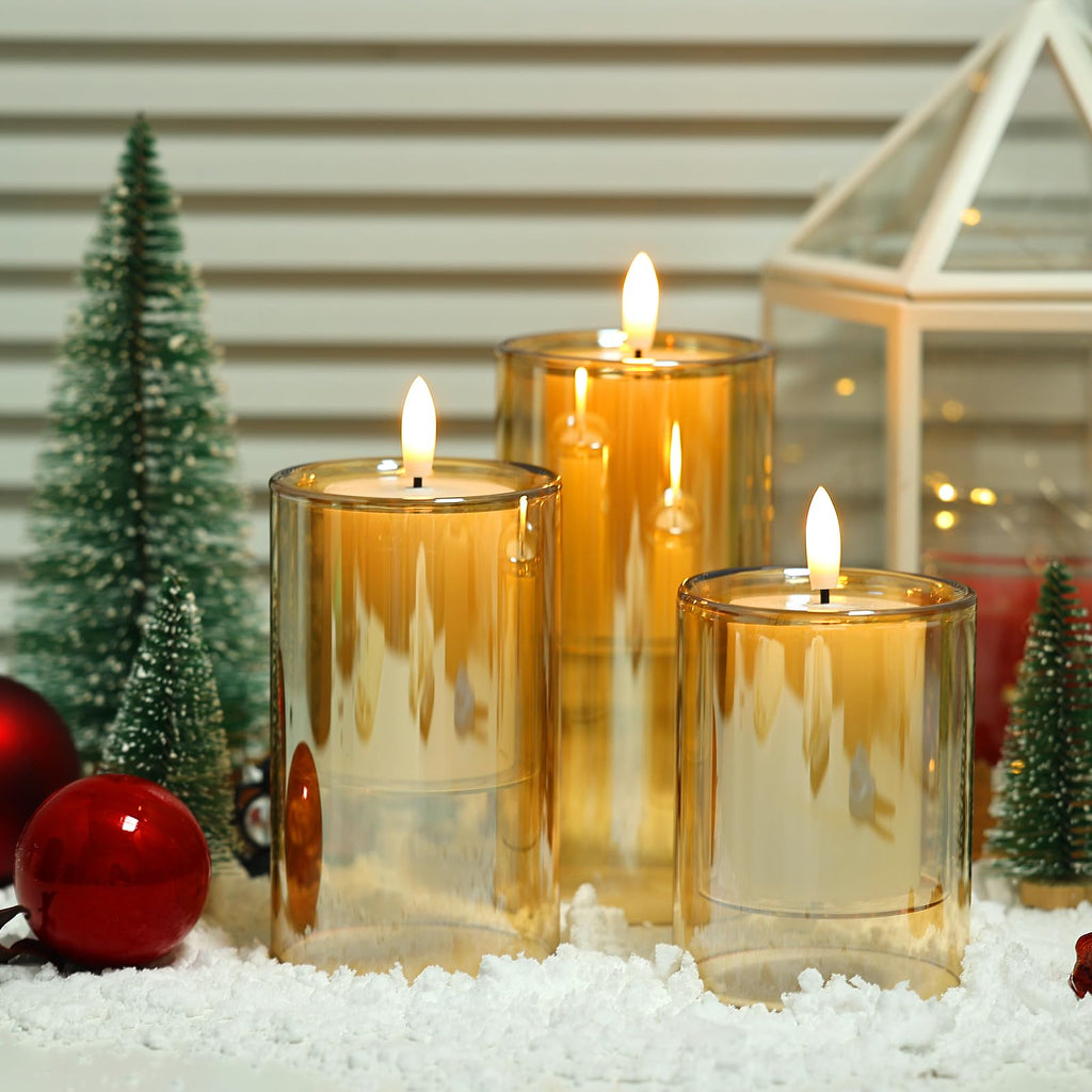 NURADA Flameless Candles with Remote Timer: 3D Wick Battery Operated Led Pillar Acrylic Fake Candle Set for Home Decoration Romantic Ambiance - Gold 2 Pack