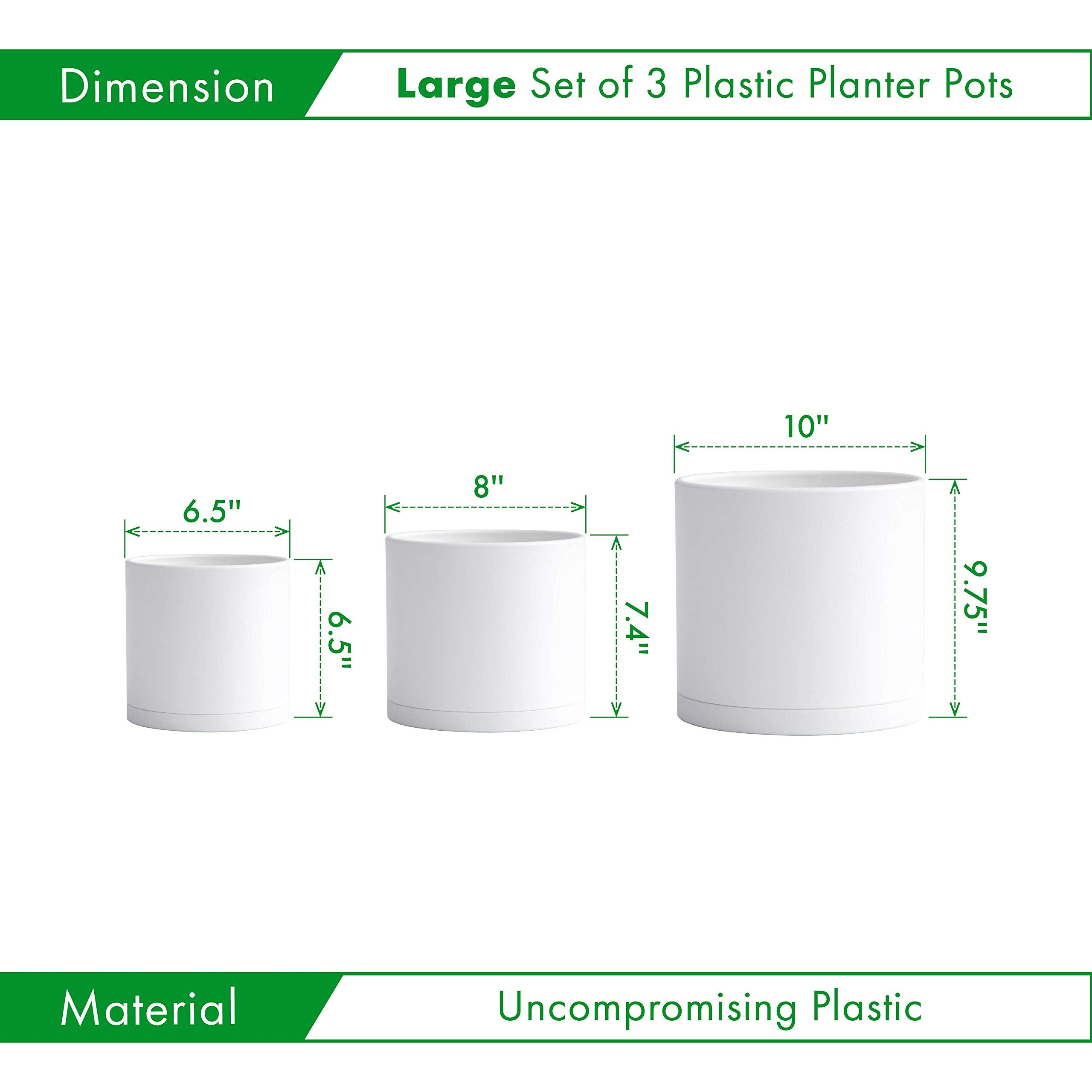 D'vine Dev 6.5 Inch 8 Inch 10 Inch, Set of 3 Plastic Planter Pots for Plants with Drainage Hole and Seamless Saucers, Black Color, Large, 74-V-B-4