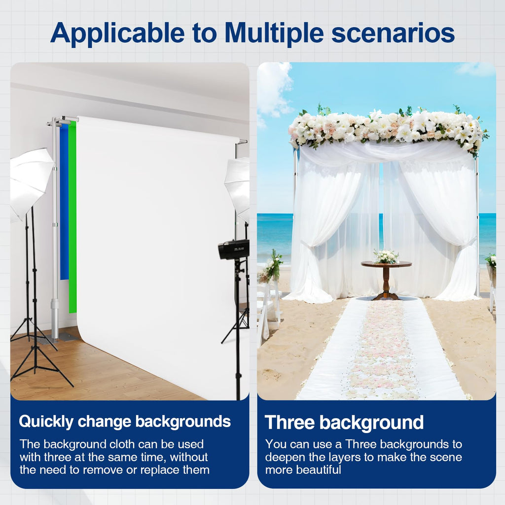 EMART Backdrop Stand Heavy Duty 8.9x10Ft,Three Crossbar Pipe and Drape Photo Background Support Kit, Adjustable Metal Frame with Flat Base for Wedding Birthday Party Decorations-Black