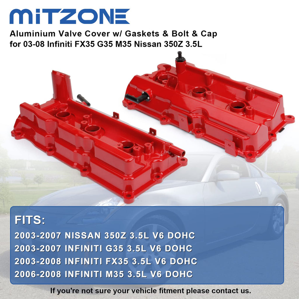 MITZONE Engine Valve Cover Set with Bolts & Oil Cap & Gaskets & Spark Plug Tube Seals & P CV Cover Compatible with 2003-2008 Nissan 350Z Infiniti FX35 G35 M35 VQ35DE 3.5L Part# 13264AM600 13264AM610