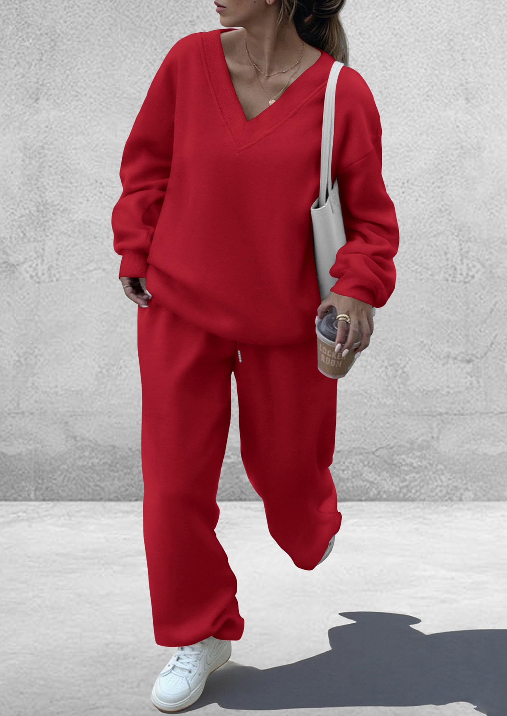 PRETTYGARDEN Casual Winter Two Piece Sets for Women 2026 V Neck Sweatshirt Loose Wide Leg Pants Tracksuit Knit Fall Outfits