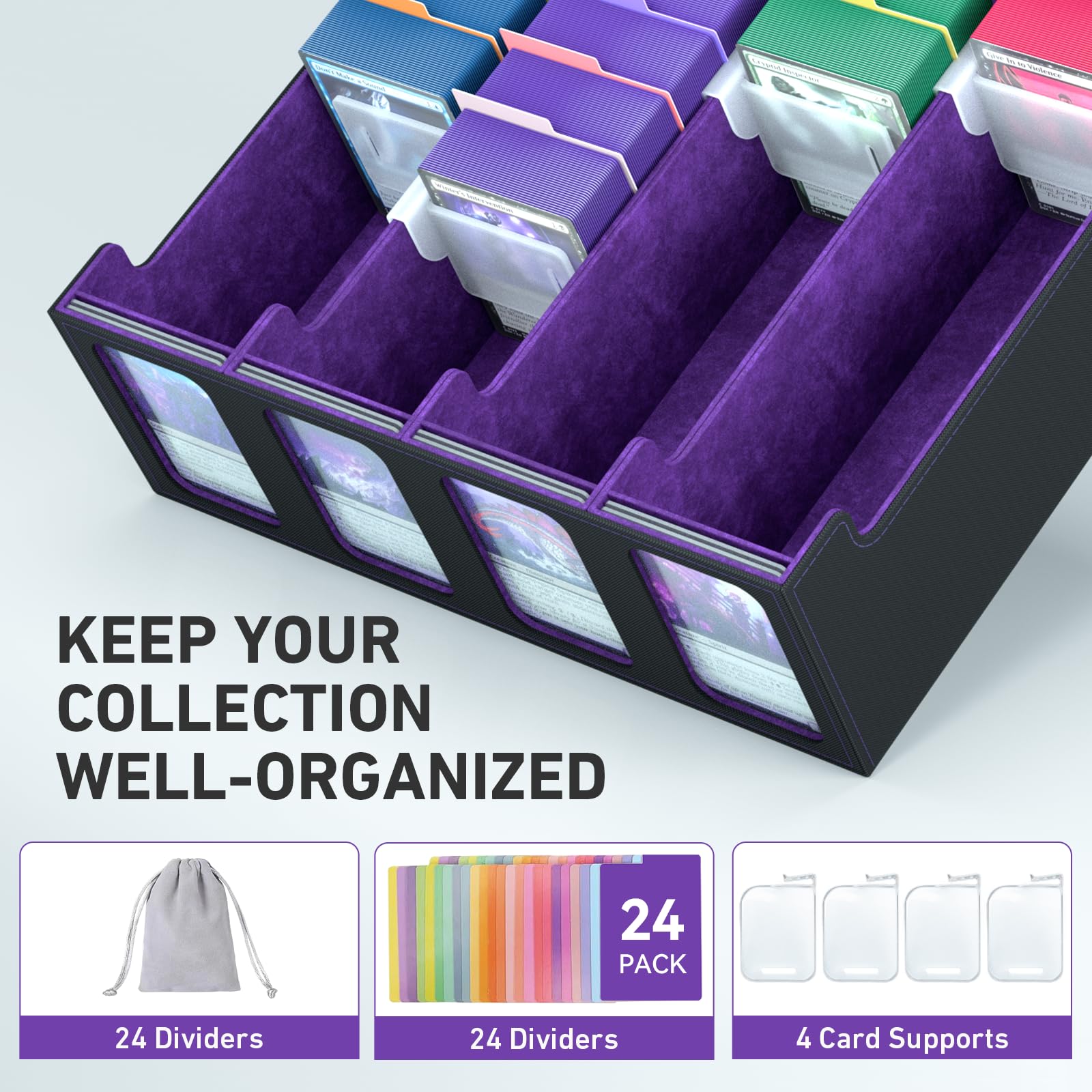 3-Row Trading Card Storage Box, Bulk Cards Case for 2400+ Mtg tcg Magic Playing Game Card Organizer, Commander Deck Box with 3 Supports & 24 Dividers