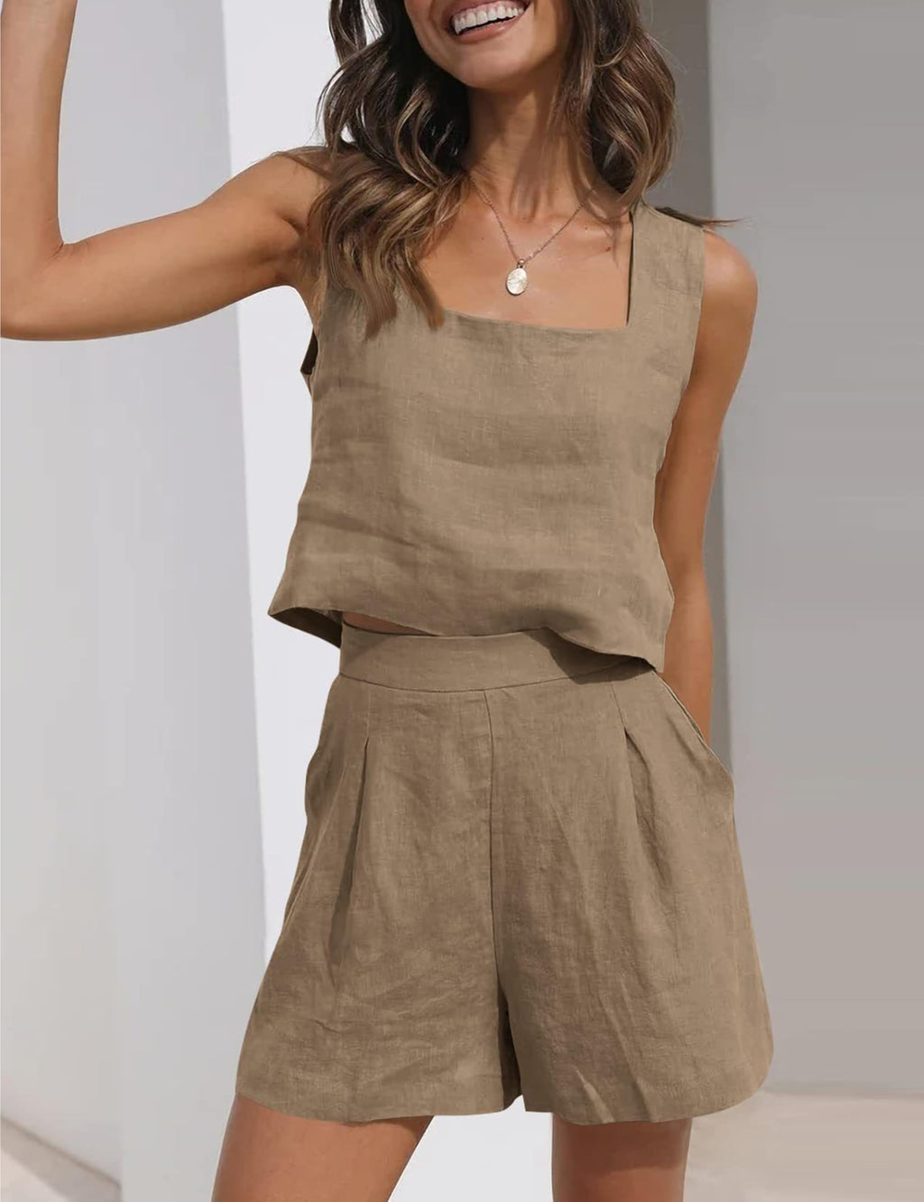Womens Linen 2 Piece Outfits Lounge Sets sleeveless Tank Tops and High Waist Shorts Summer Vacation Set
