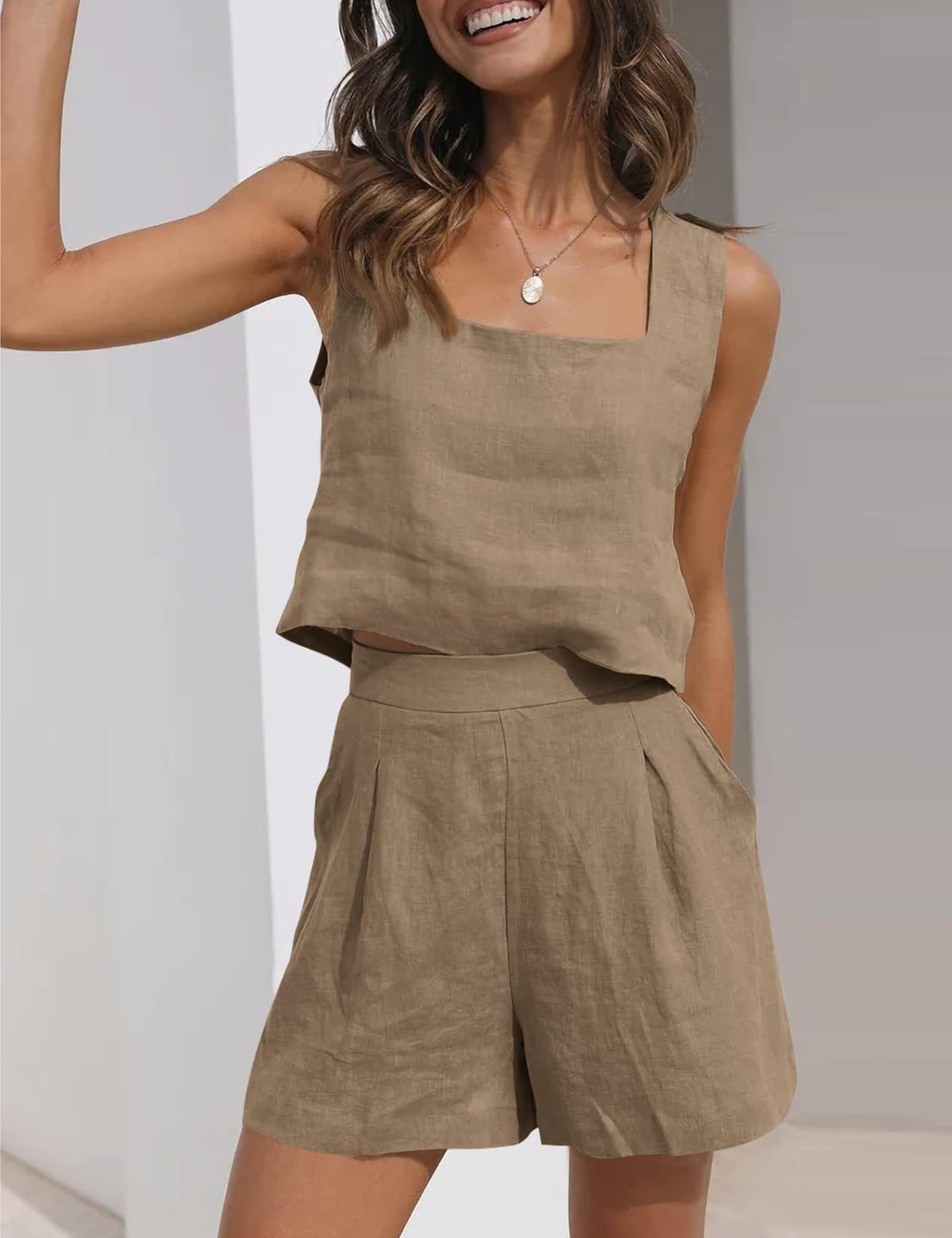 Womens Linen 2 Piece Outfits Lounge Sets sleeveless Tank Tops and High Waist Shorts Summer Vacation Set