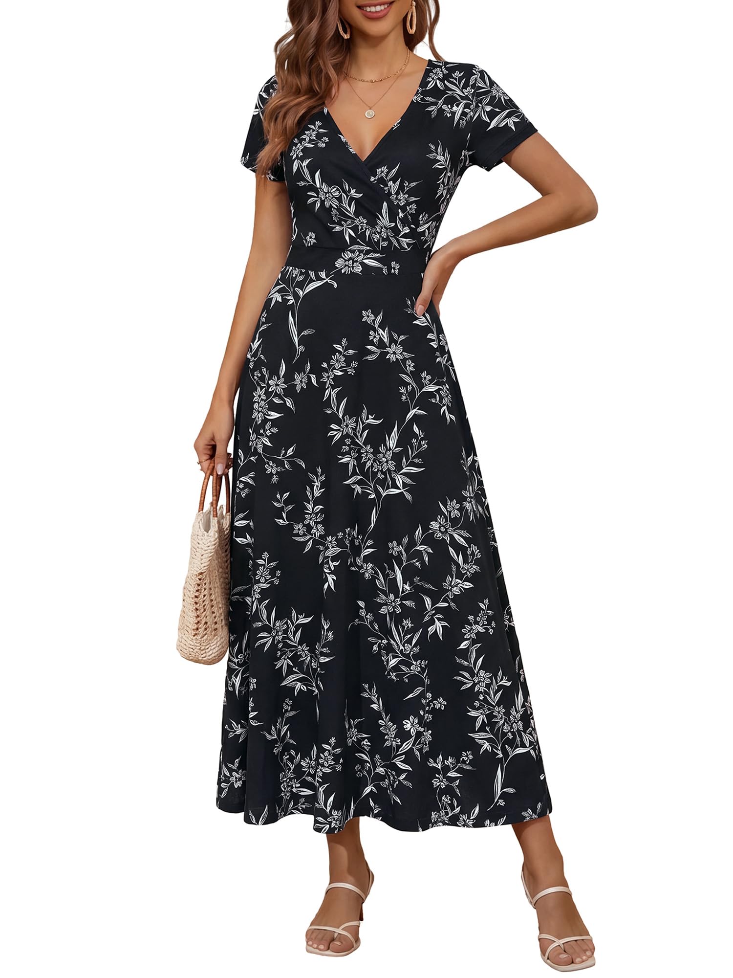 HUHOT Women's Short Sleeve Wrap V Neck Dresses for Wedding Guest Summer Floral Maxi Sundresses with Pockets Boho Dress