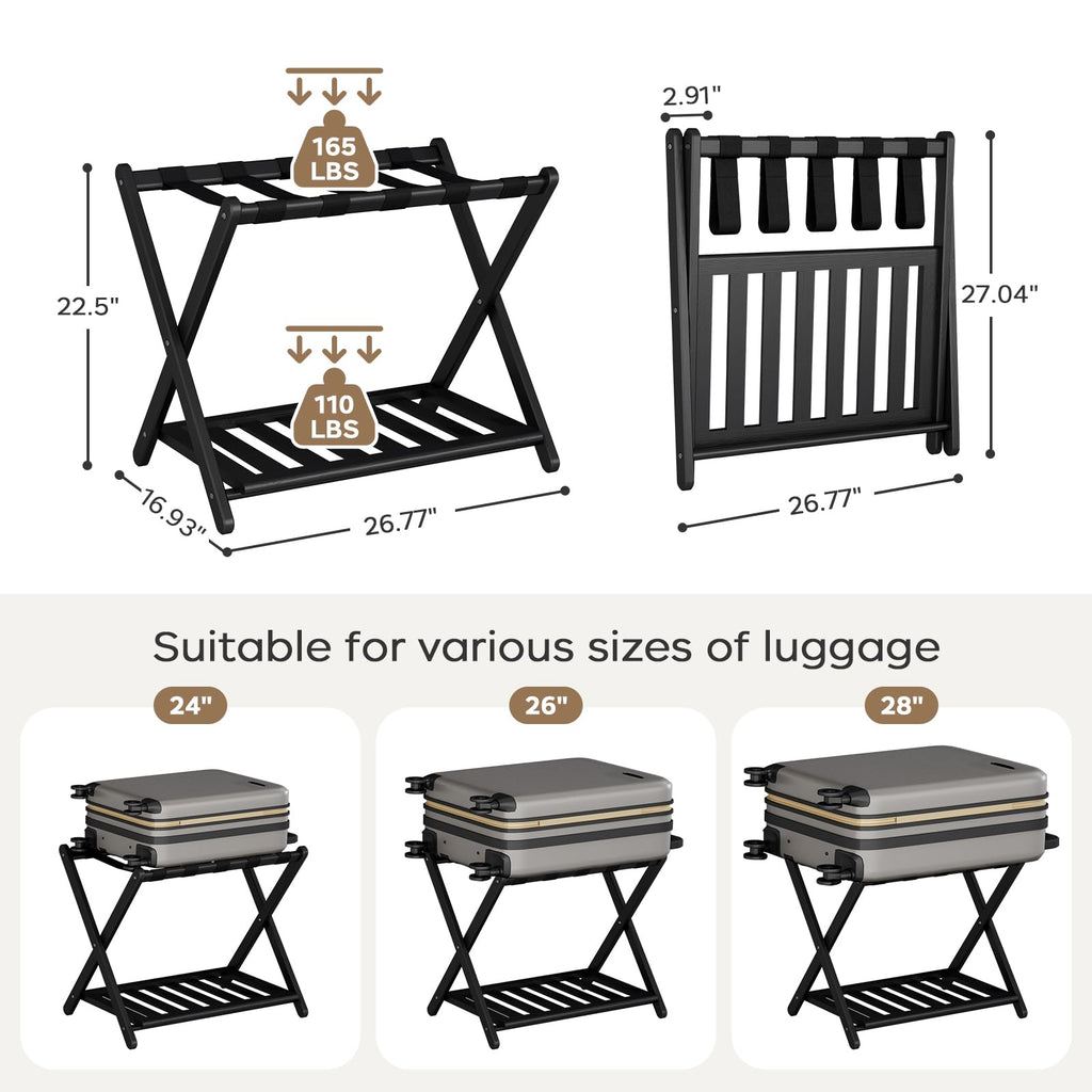 oakvivo Fully Assembled Black Luggage Rack for Guest Room, Bamboo Foldable Suitcase Stand with 5 Nylon Straps, Upgraded Luggage Rack Holder with Shelf for Bedroom Hotel, Holds up to 165 Lbs, 1pcs