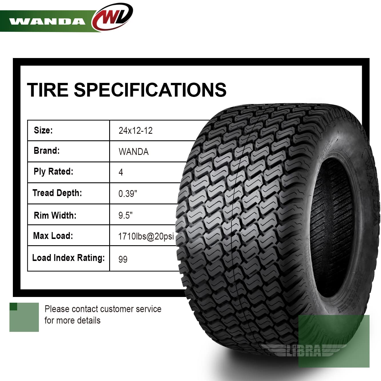 WANDA 11x4-5 Zero Turn Lawn Mower Utility Cart Turf Tire 11x4x5 11x4.00-5/4 Ply - 13204